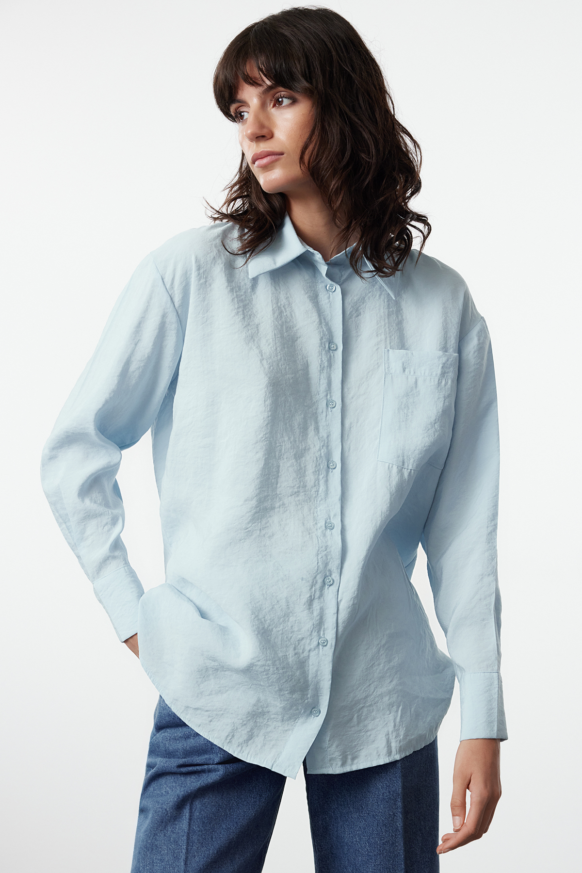 Trendyolmilla Modest Açık Mavi Tencel Dokuma Gömlek TCTSS24TG00078