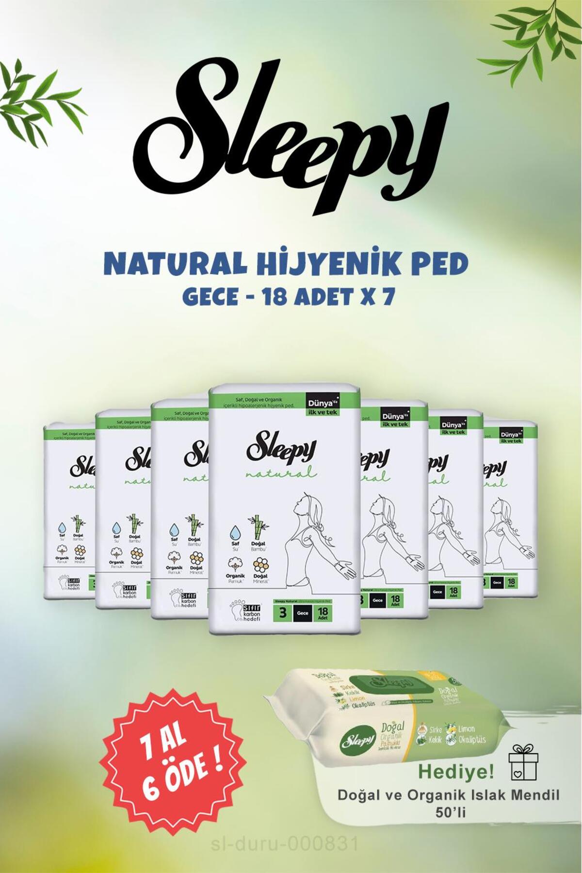 Sleepy 7 Al 6 Öde Natural Gece Hijyenik Ped 18 Adet Ve 50 Li Doğal Islak Mendil