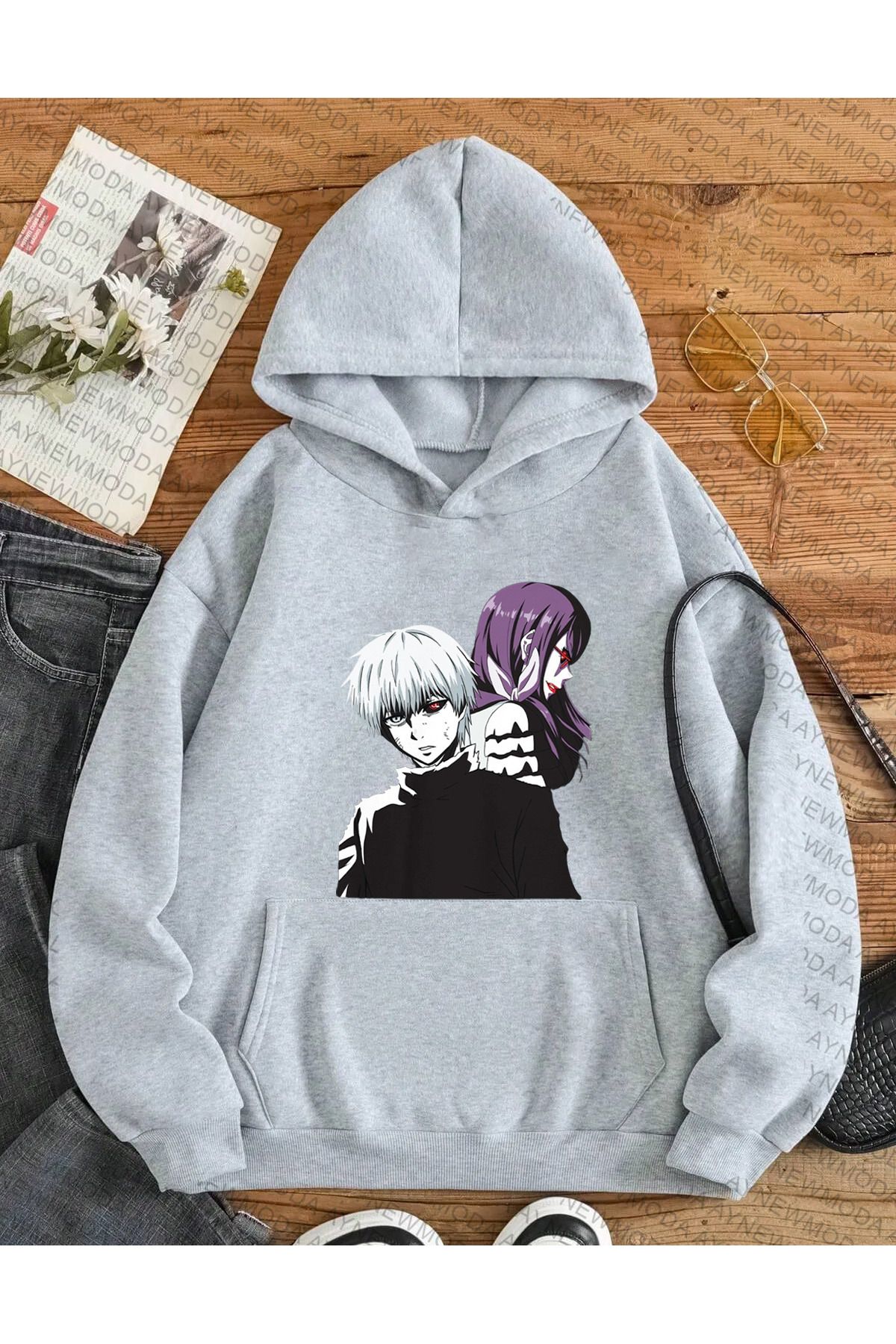 aynewmoda kaneki and riz tokyo ghoul anime bask l Bisiklet Yaka Unisex Oversize 3 iplik kap onlu Sweatshirt Fiyat Yorumlar Trendyol