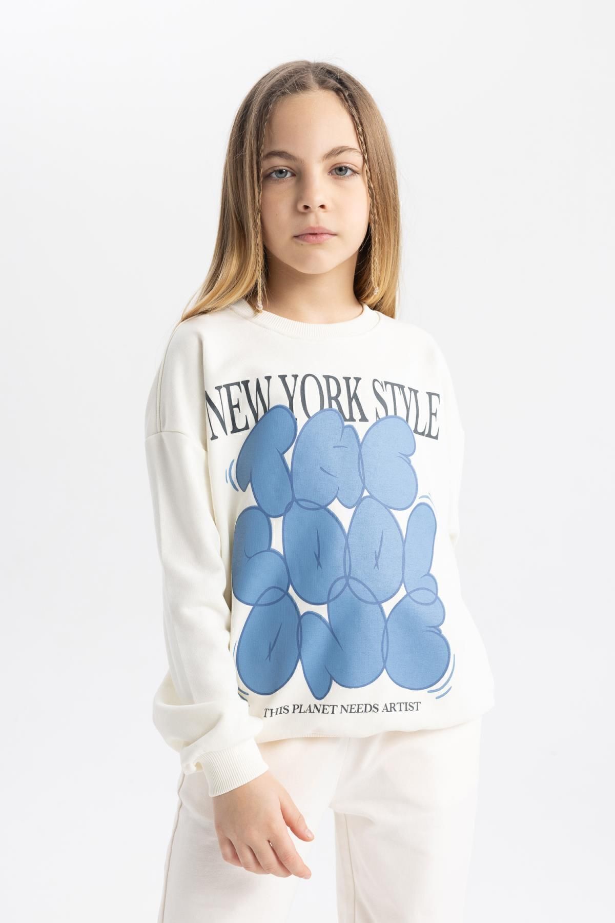 Kız Çocuk Oversize Fit Bisiklet Yaka Baskılı Sweatshirt Tycotlqqan170529861944886