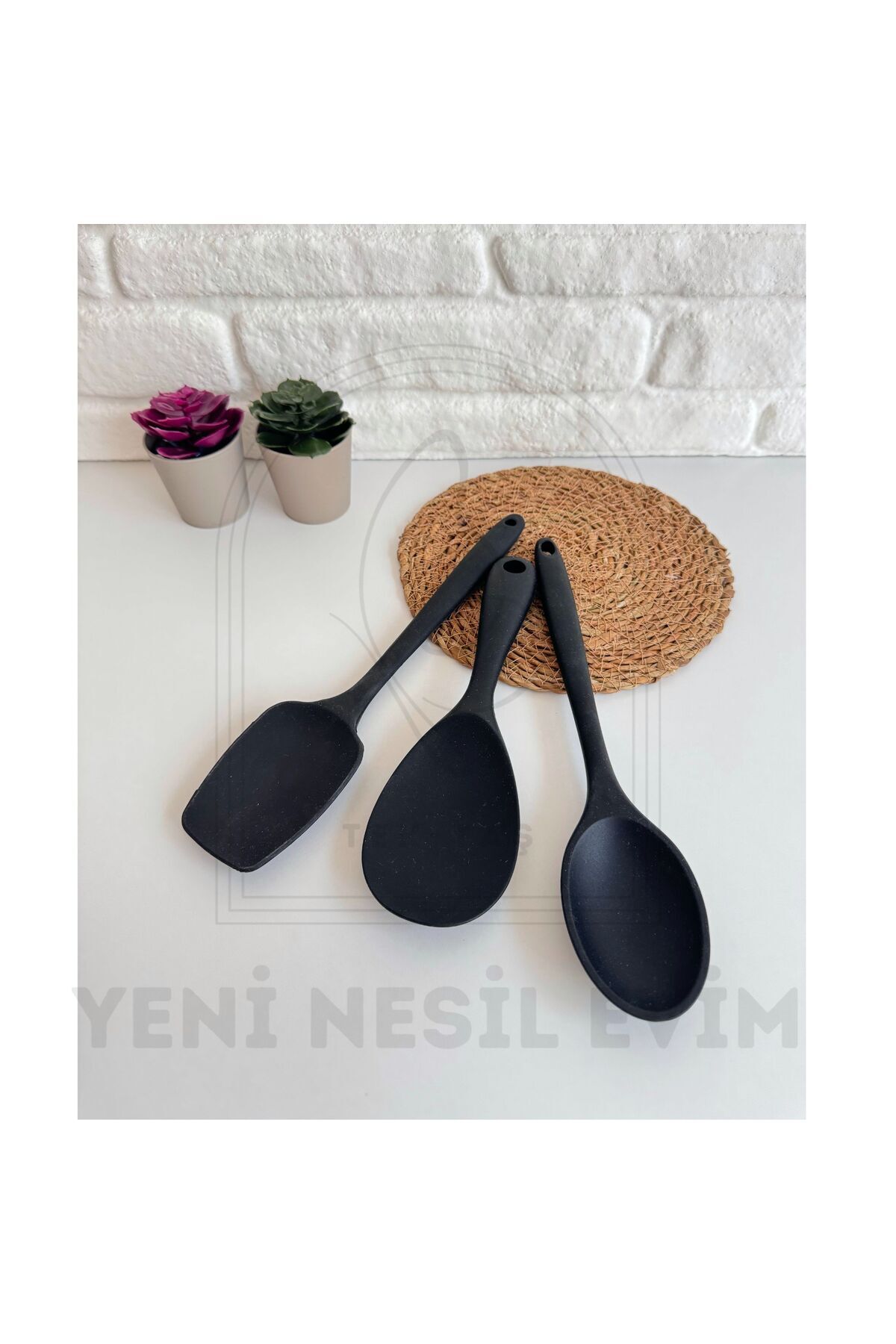 Siyah 3 Parça Silikon Spatula Kaşık Servis Seti