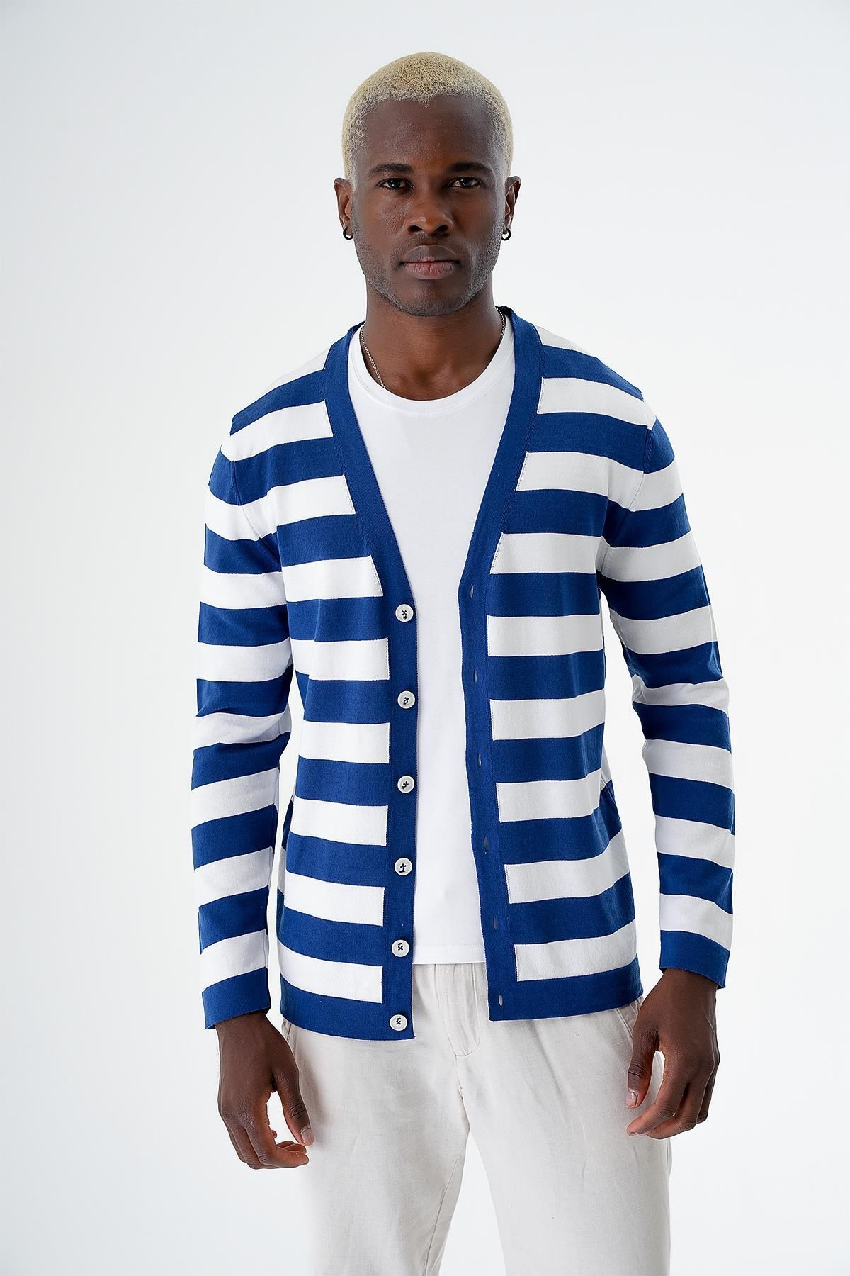 CHUBA-Cardigan pentru bărbați, cu nasturi, cu dungi standard, din bumbac, alb-marin 24s273 3