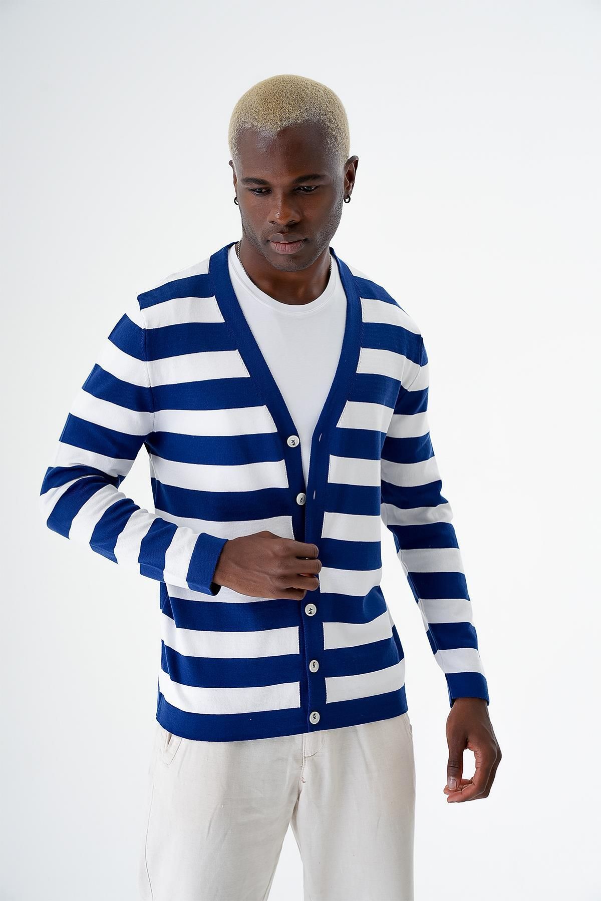CHUBA-Cardigan pentru bărbați, cu nasturi, cu dungi standard, din bumbac, alb-marin 24s273 2
