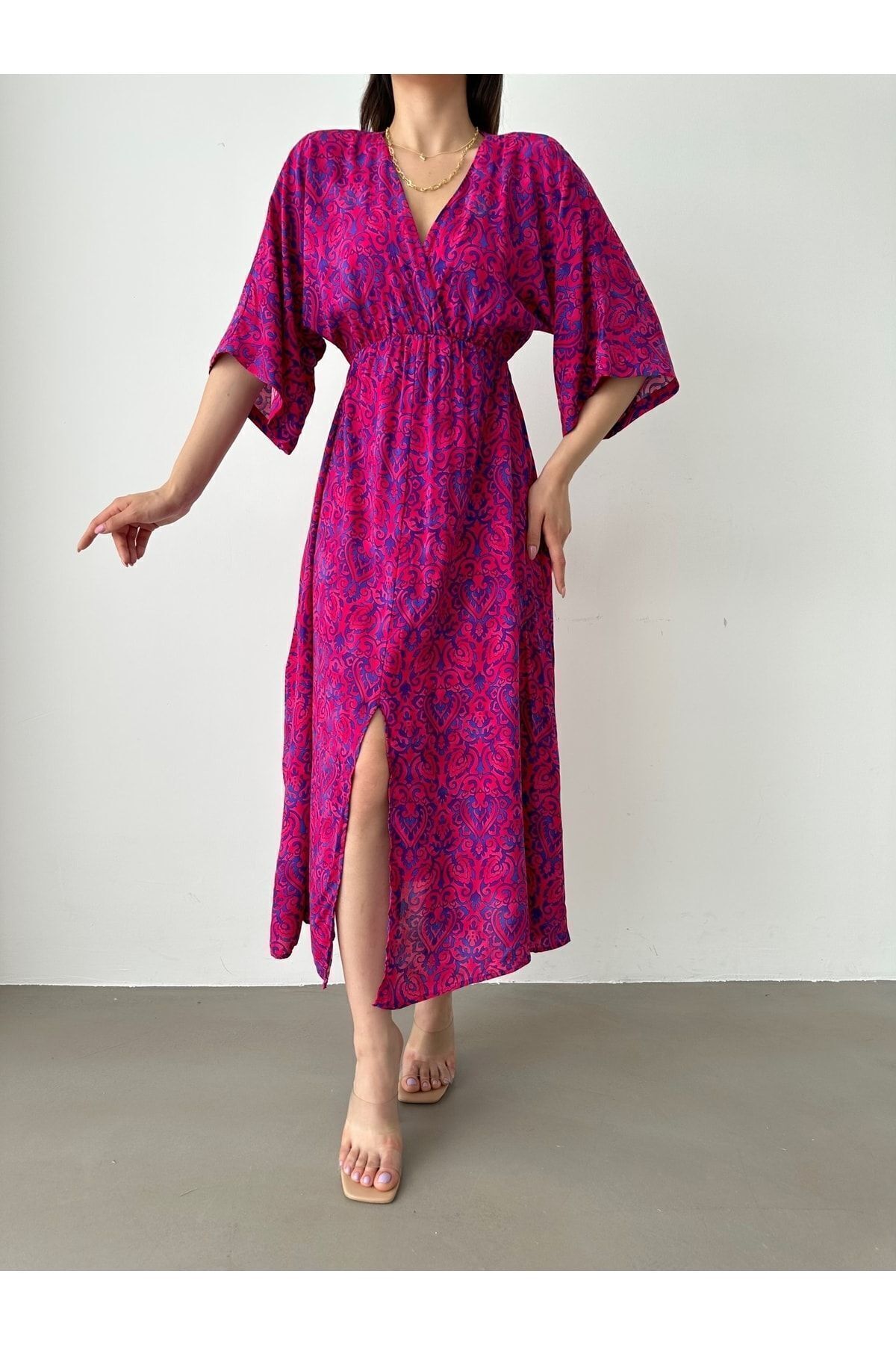 BEJNA-Women's Double Breasted Neck Slit Long Summer Dress 2