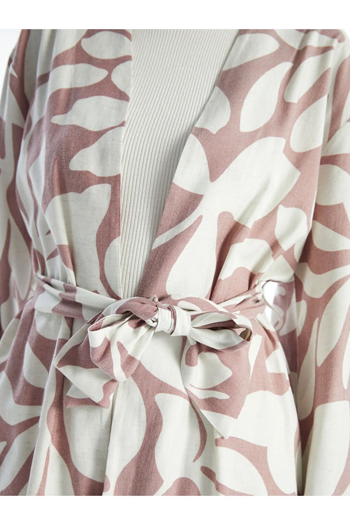 LCW Modest Şal Yaka Desenli Uzun Kollu Oversize Keten Karışımlı Kadın Kimono