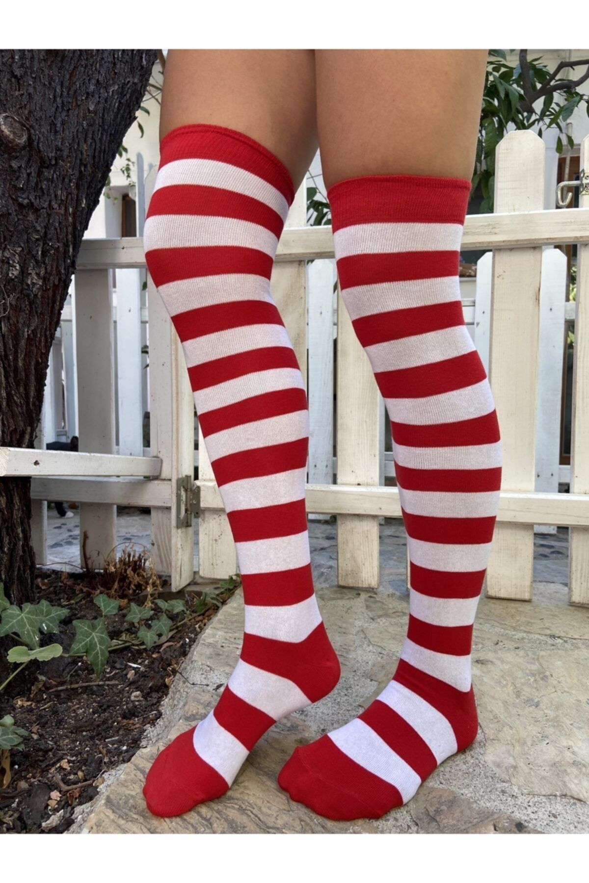 bayansepeti Çember Desen Kırmızı Beyaz Pamuklu Dizüstü Spor Çorap