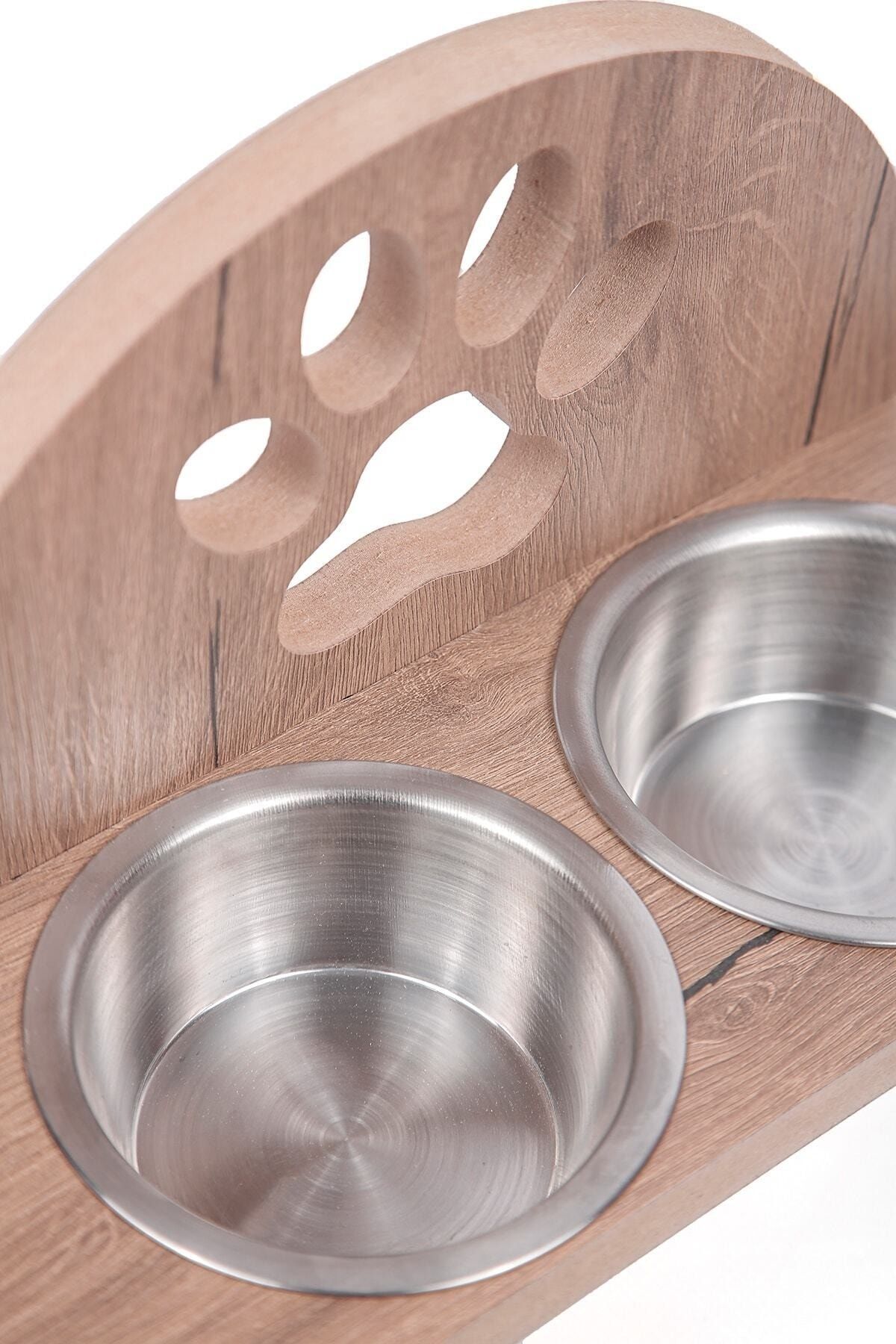 MiniHediye-Wooden Demountable Cat Dog Food Water Bowl Stand Metal Drinking Bowl Feeding Bowl Pet with Steel Bowl 5