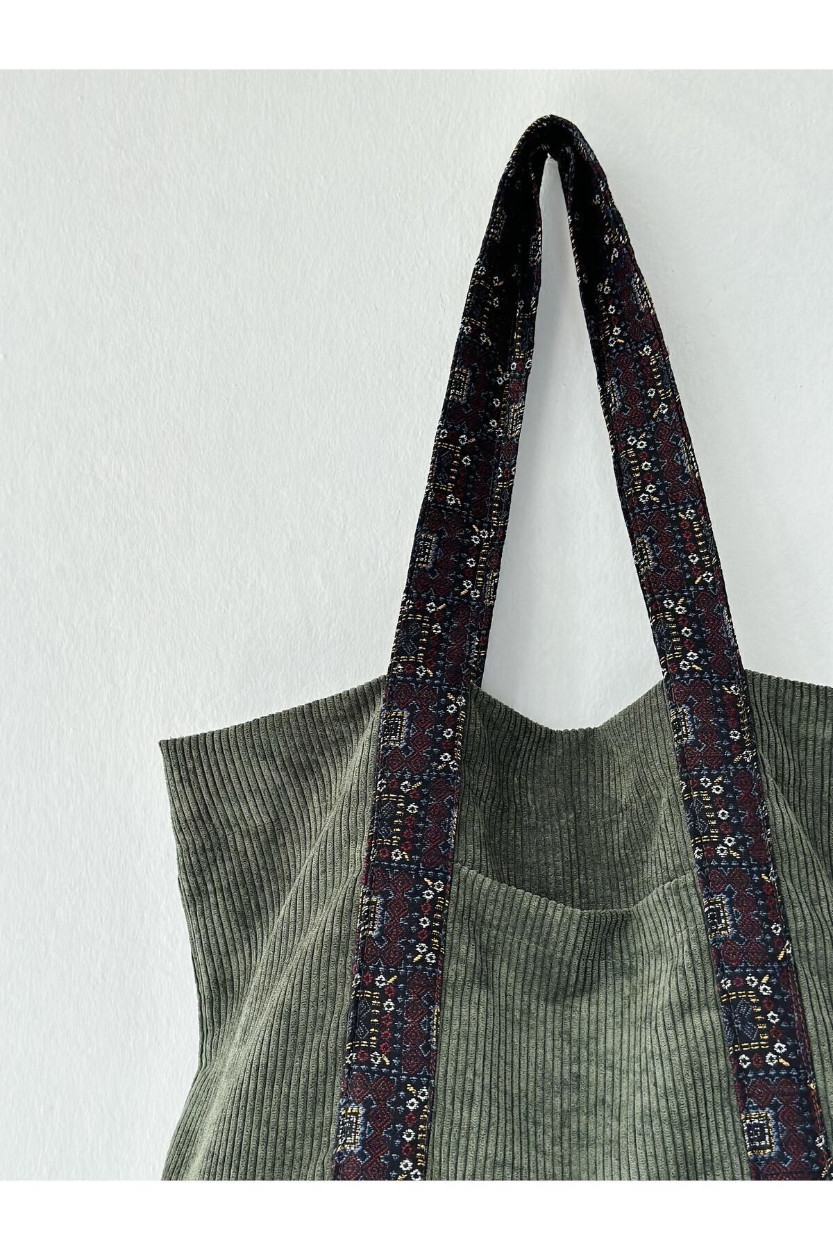 Retrobird-Geantă Tote Catifea Design Geantă Cumparaturi Femei Kaki 7