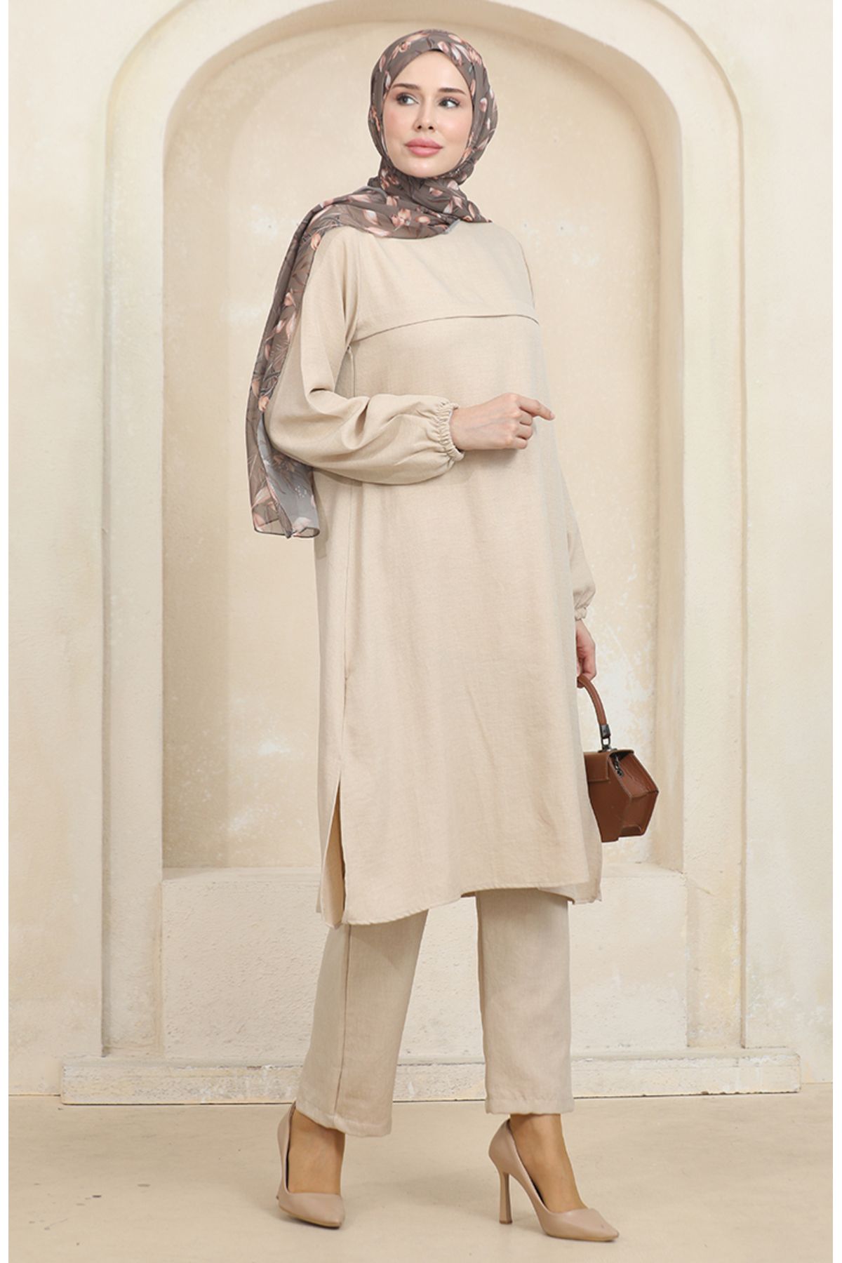 sefamerve-Mink Sleeve Elastic Tunic and Trousers Double Set - 1005-02 3
