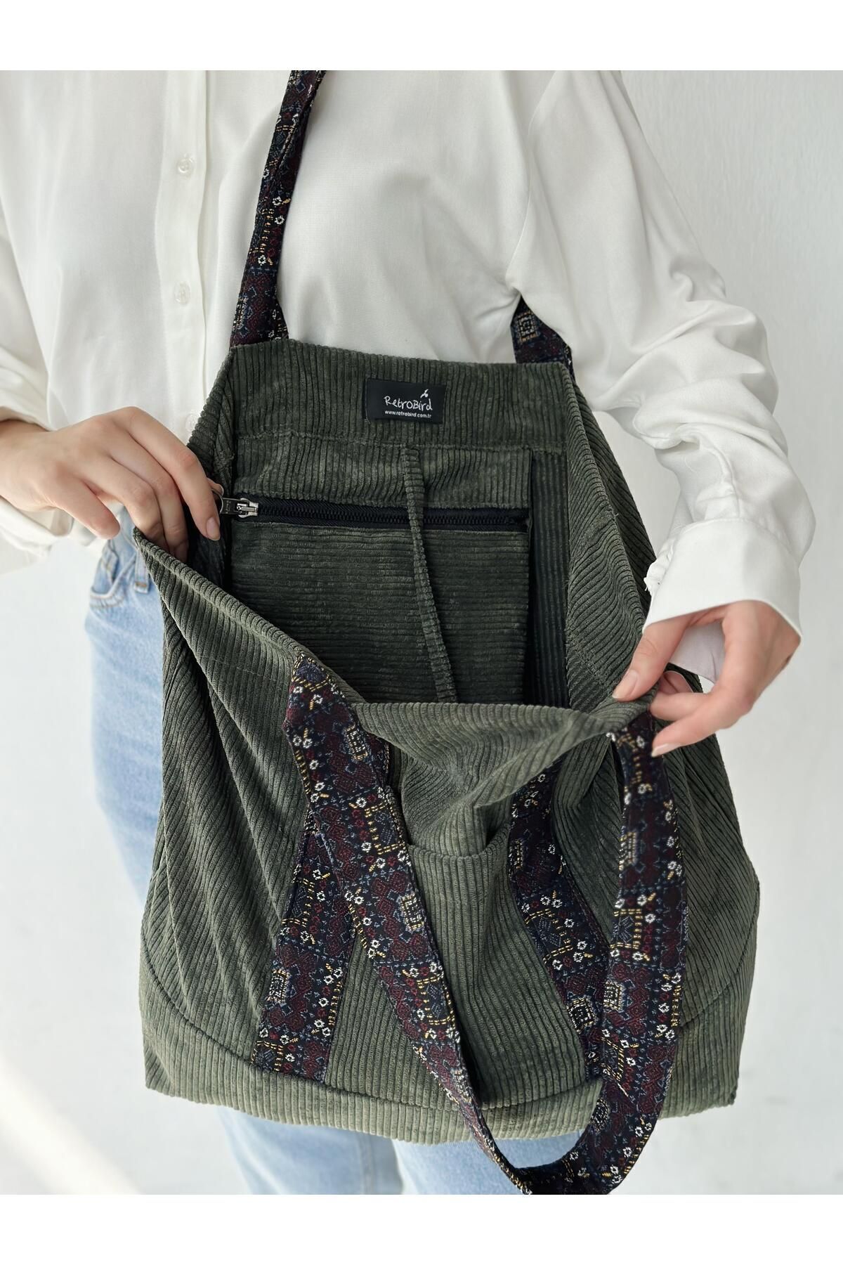 Retrobird-Geantă Tote Catifea Design Geantă Cumparaturi Femei Kaki 2
