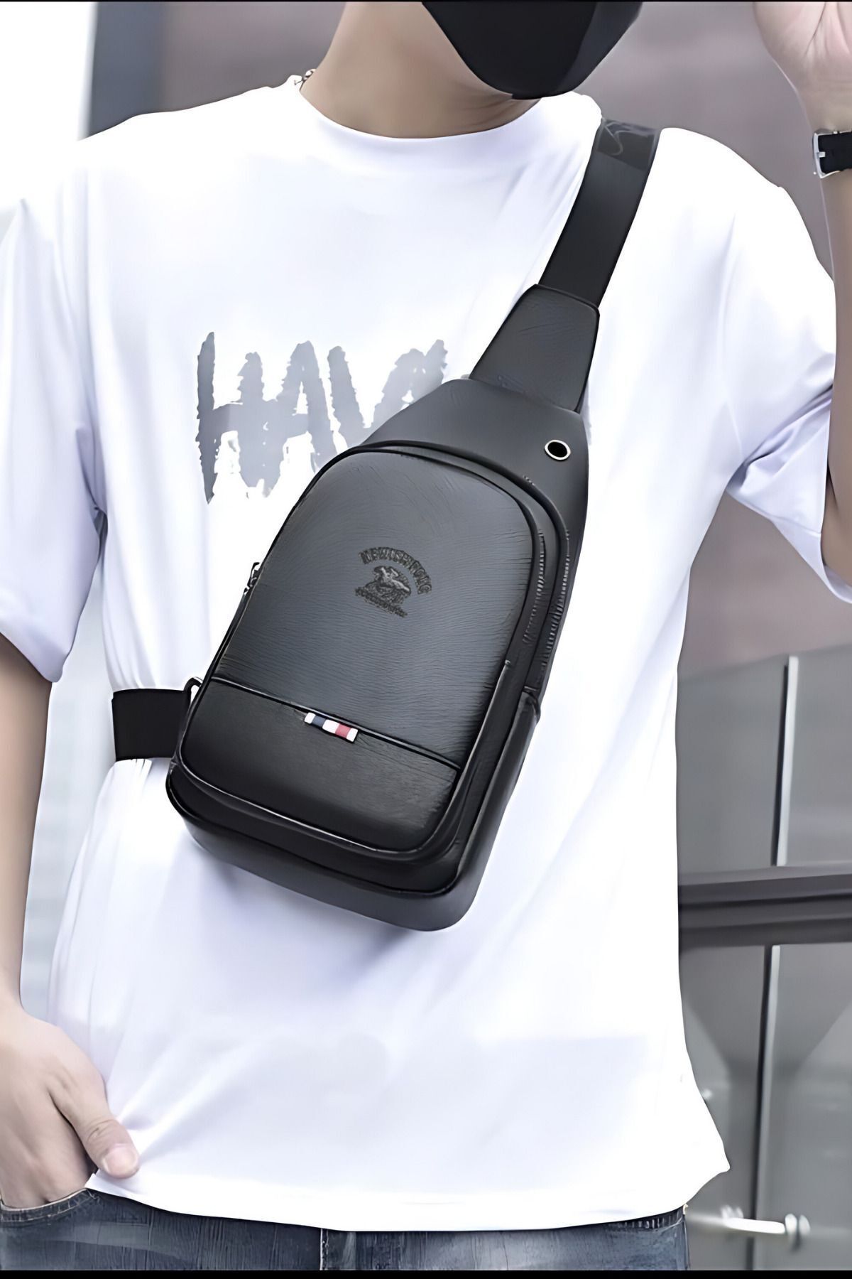 Deri Unisex Çapraz Askılı Bel Çanta Göğüs Çanta Kulaklık Çıkışlı Omuz Çanta Tek Kol Bodybag