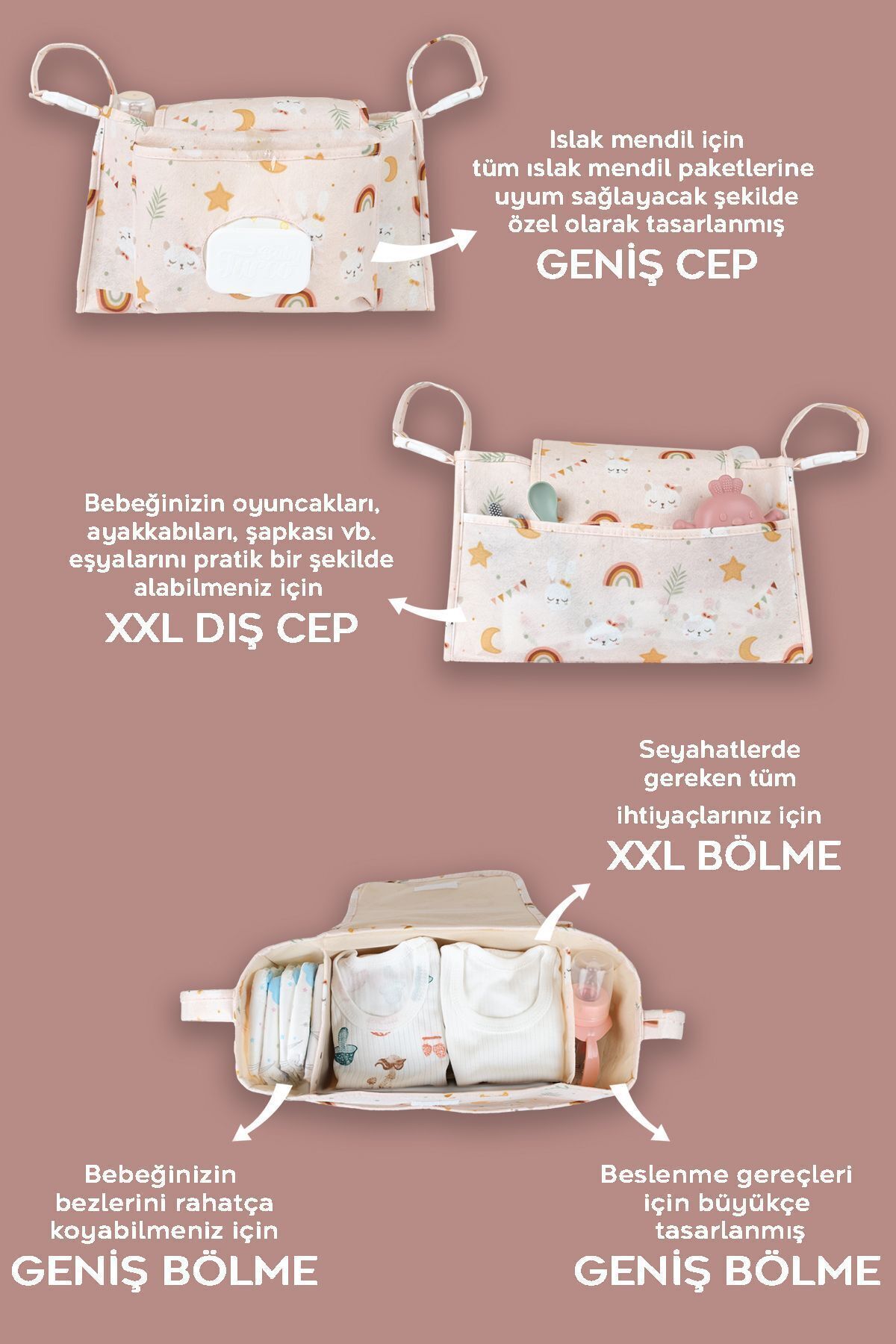 Meleni Baby Bebek Arabası Organizer Çanta - Anne Bebek Bakım Çantası - Puset Düzenleyici - Stroller Bag fotoğrafı 2 (önizleme)