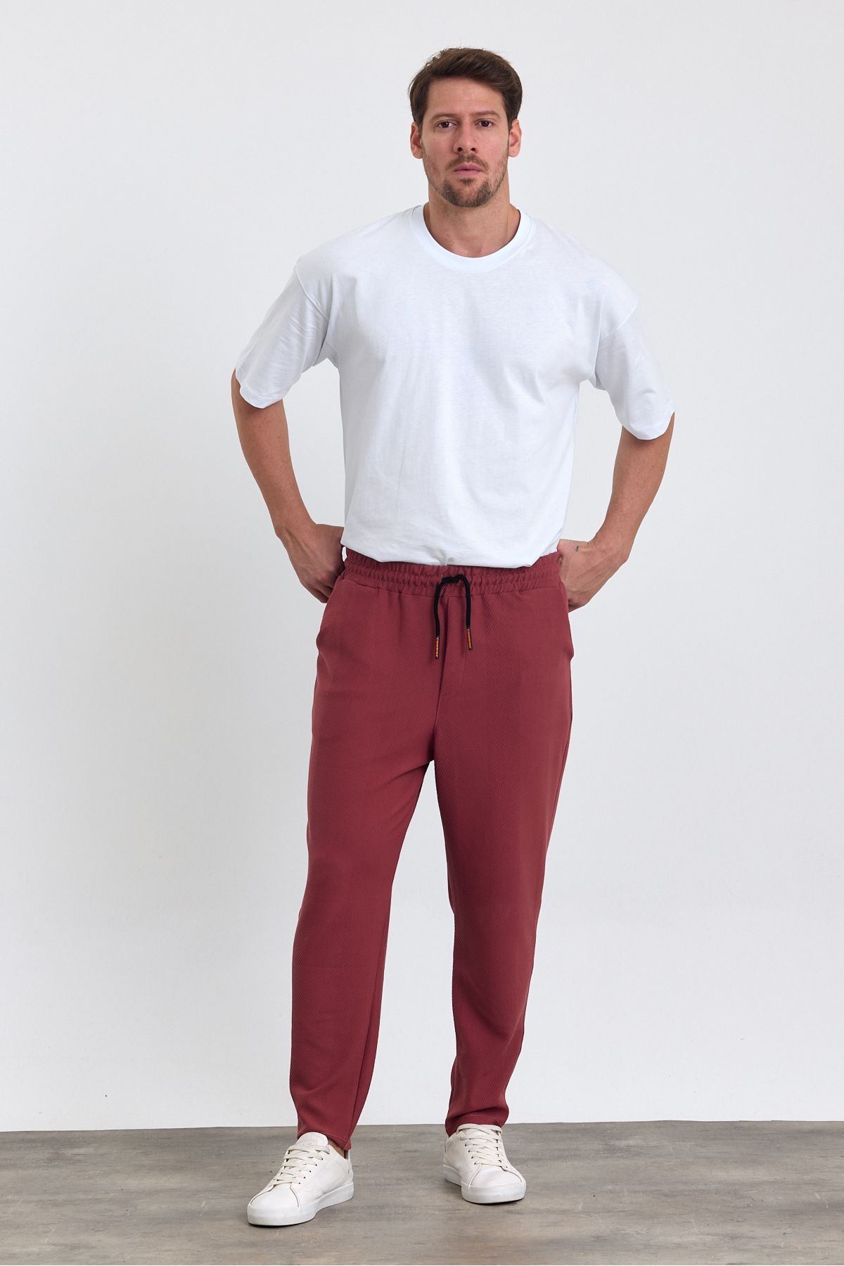 COMBİNE MİCHAİL-Men's Jogger Pants - Lacos Pattern, Cotton, Elastic Waist and Drawstring, Claret Red 5