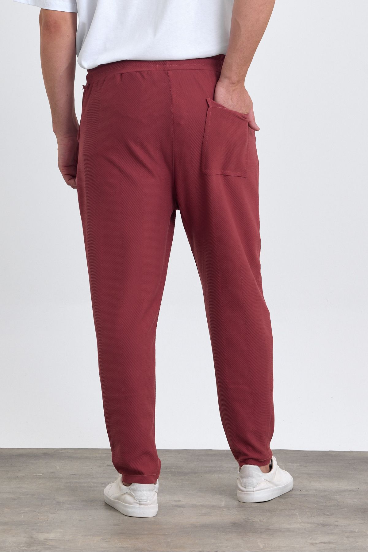 COMBİNE MİCHAİL-Men's Jogger Pants - Lacos Pattern, Cotton, Elastic Waist and Drawstring, Claret Red 8