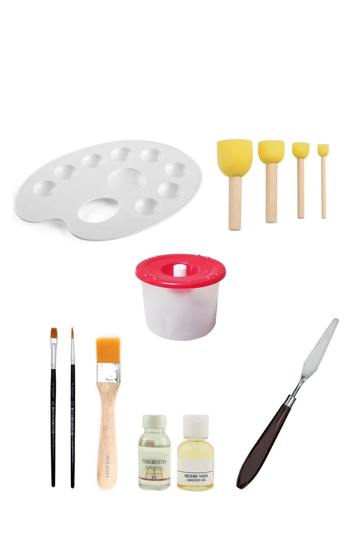 ACUTO Resim Paleti Ponpon Fırça Düz Yuvarlak Fırça Resim Yağı Terebentin Su Kabı Metal Spatül Zemin Fırça