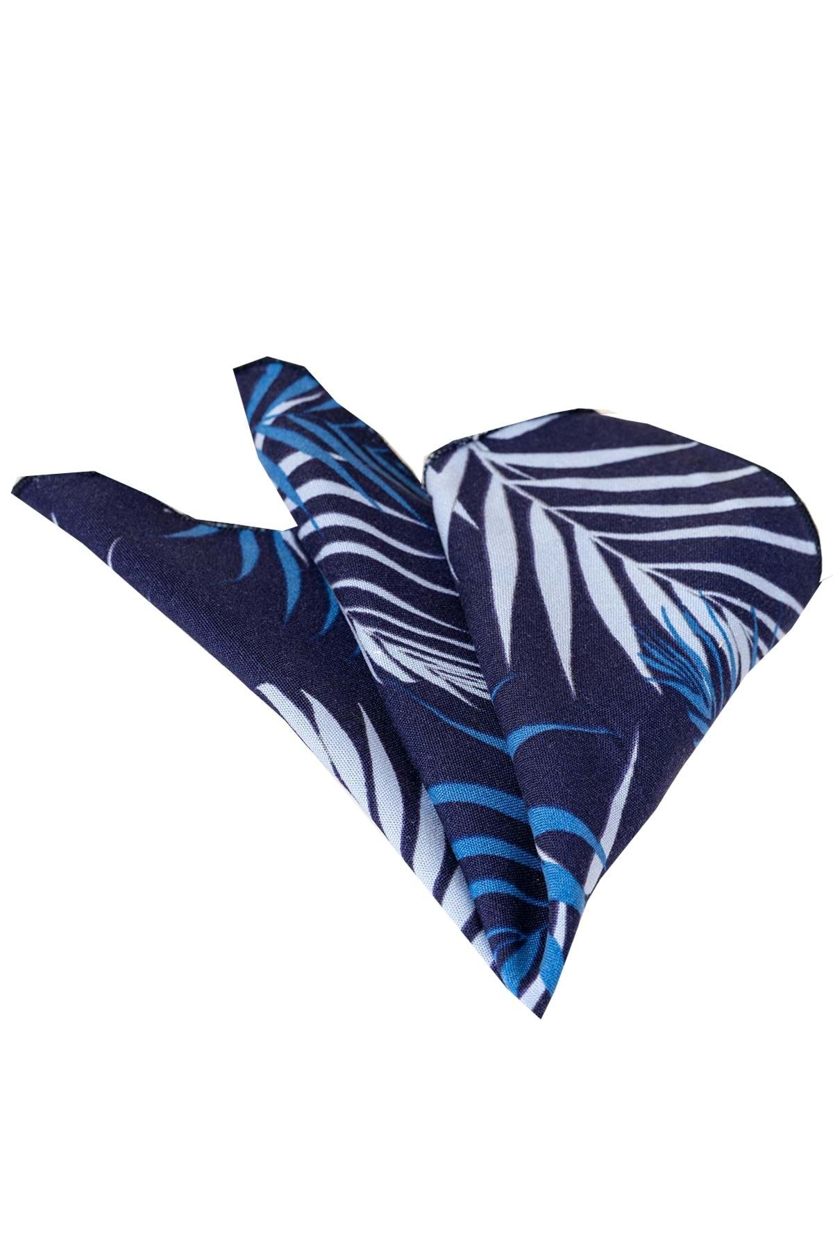 Exve Exclusive Lacivert Üzerine Mavi Havaii Yaprak Teamalı Yaka Cep Mendili