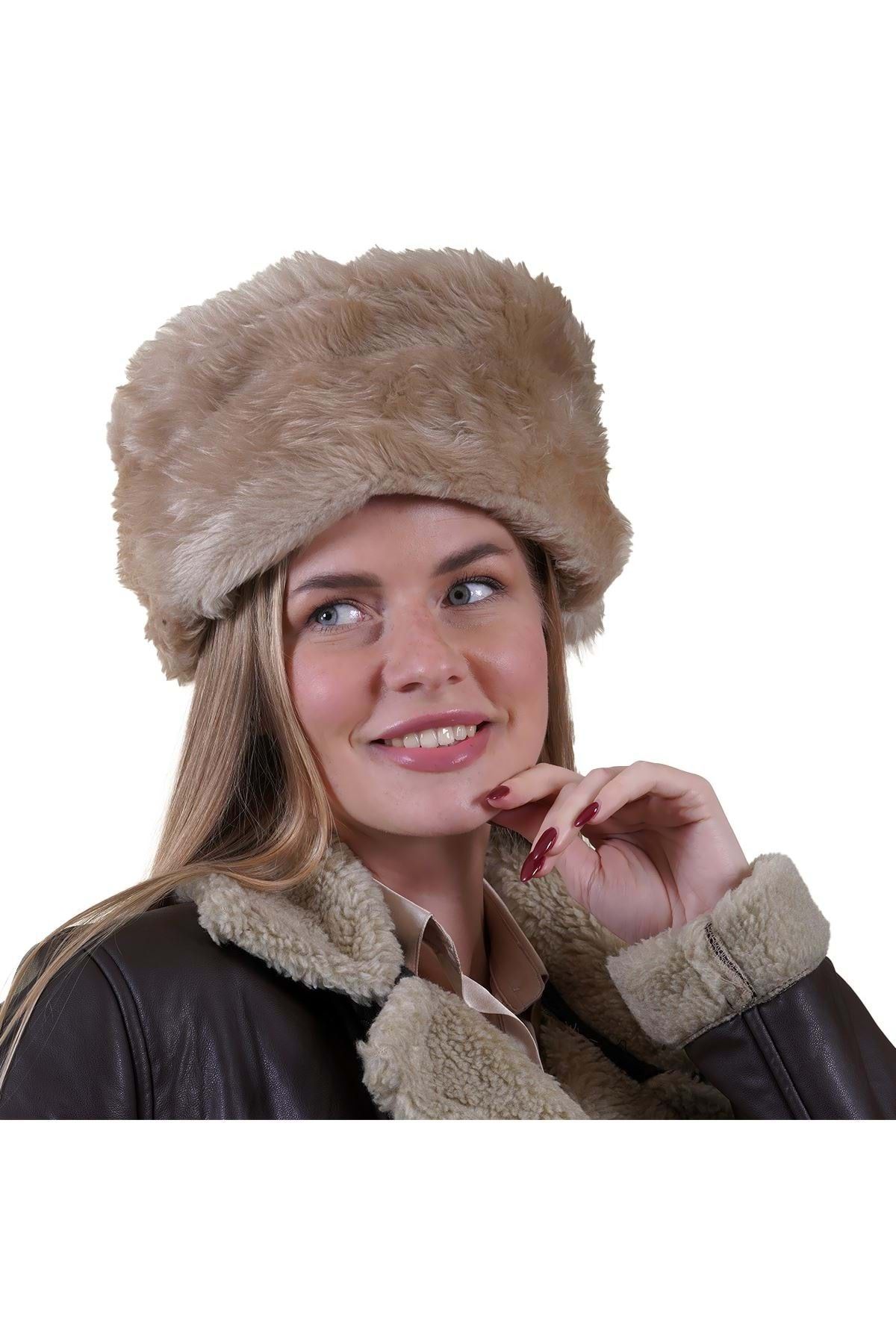 Exve Exclusive-Black Beige Full Fur Inside Winter Warm Pu Leather Women's Börk Hat 3