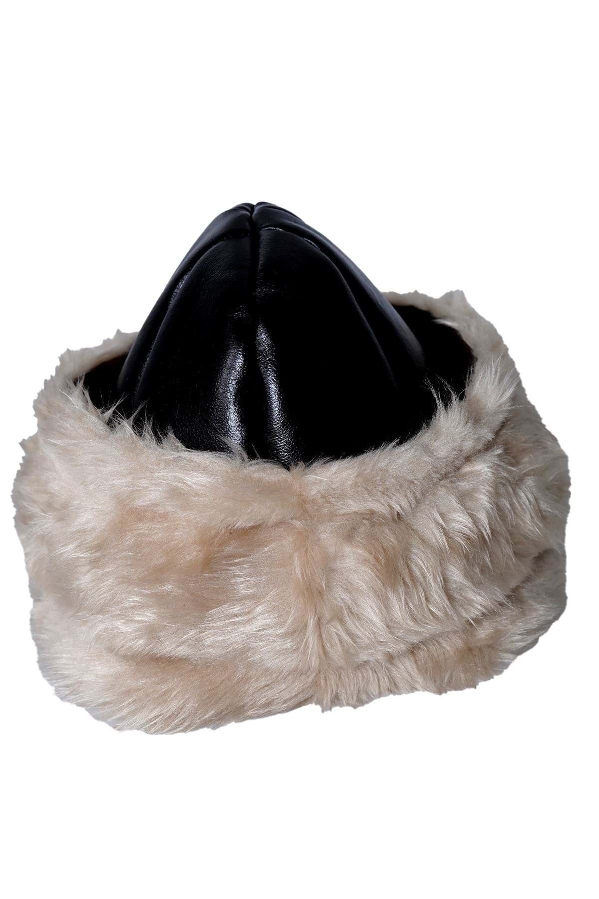 Exve Exclusive-Black Beige Full Fur Inside Winter Warm Pu Leather Women's Börk Hat 5