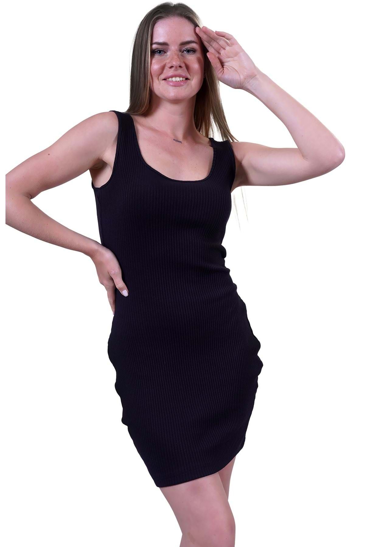 Exve Exclusive-Black Strap Ribbed Stretch Mini Short Knitted Dress Dress 2