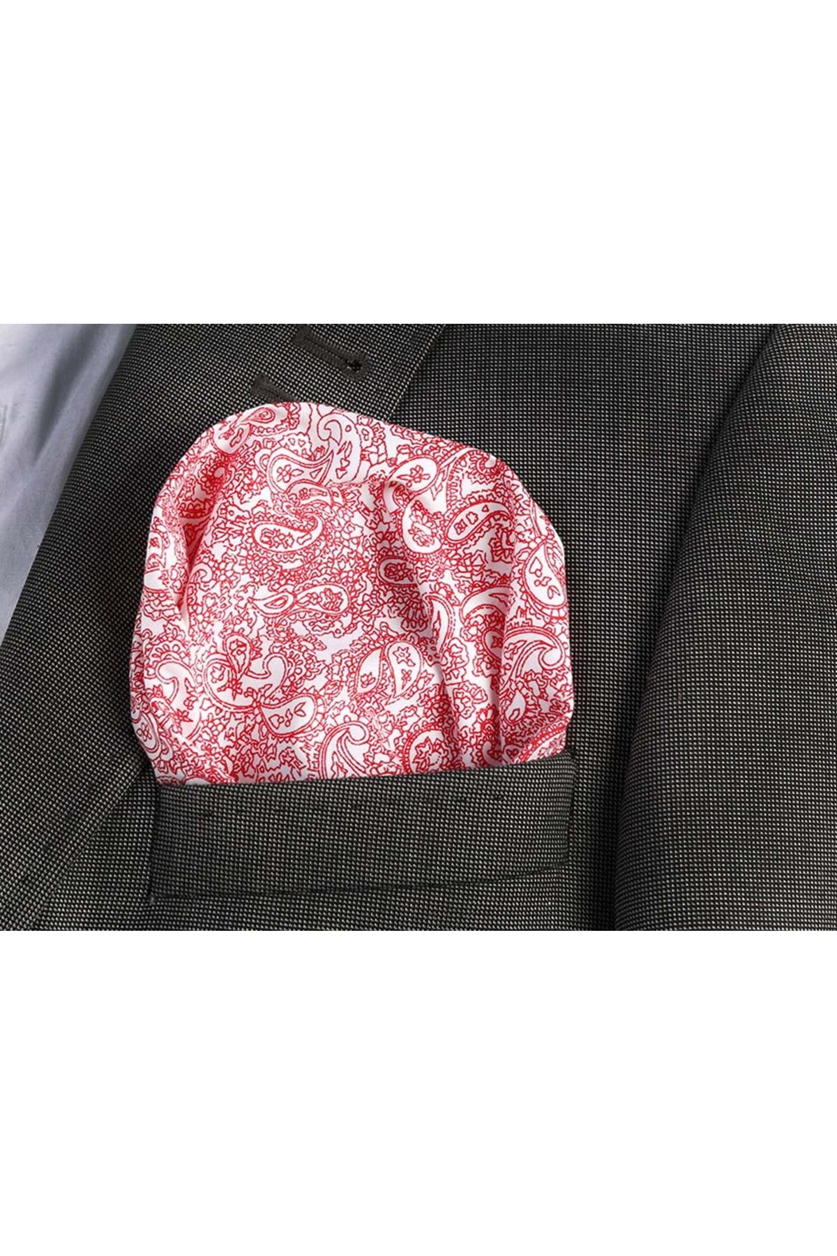 Exve Exclusive Kırmızı Şal Desen Pamuklu Yaka Cep Mendili