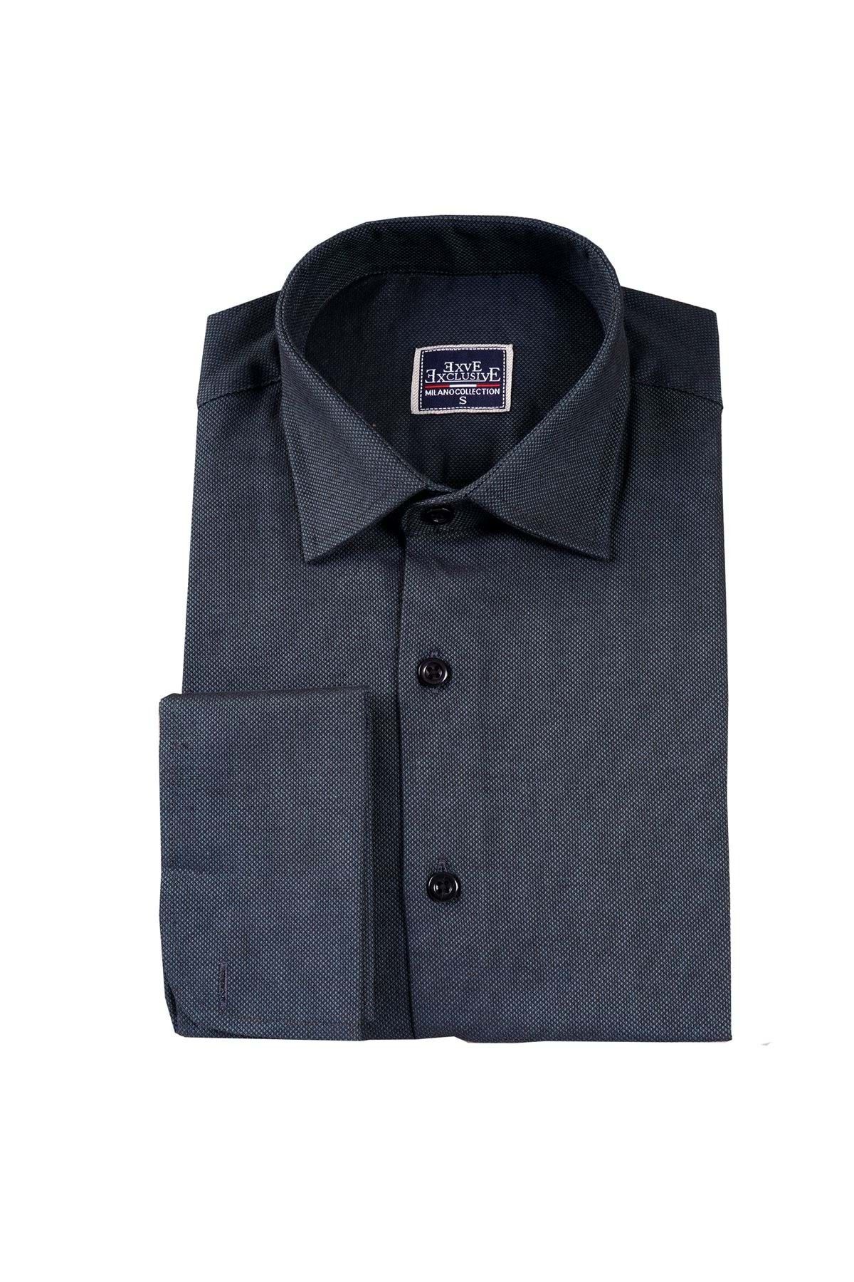 Exve Exclusive-Cămașă elegantă din bumbac albastru petrol, țesută în jacquard, cu manșetă dublă, cu butoni 3
