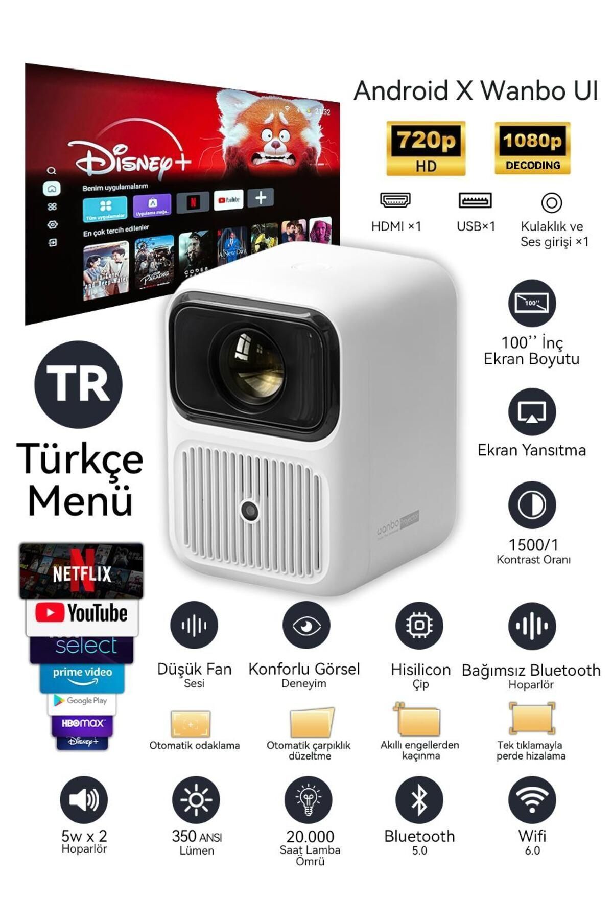 Dali 1 Android 9.0 Taşınabilir Projeksiyon Cihazı  350 ANSI Lumens Home Theatre Auto-focus 720p