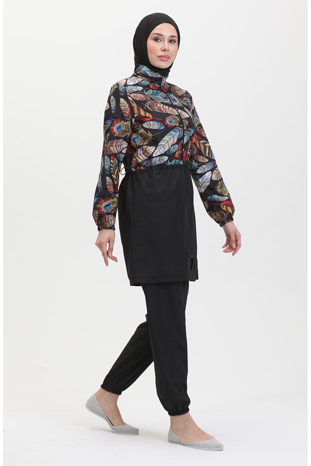 sefamerve-Schwarzer tropischer Hijab-Badeanzug – elastische Taille, Modell 5040-01 3