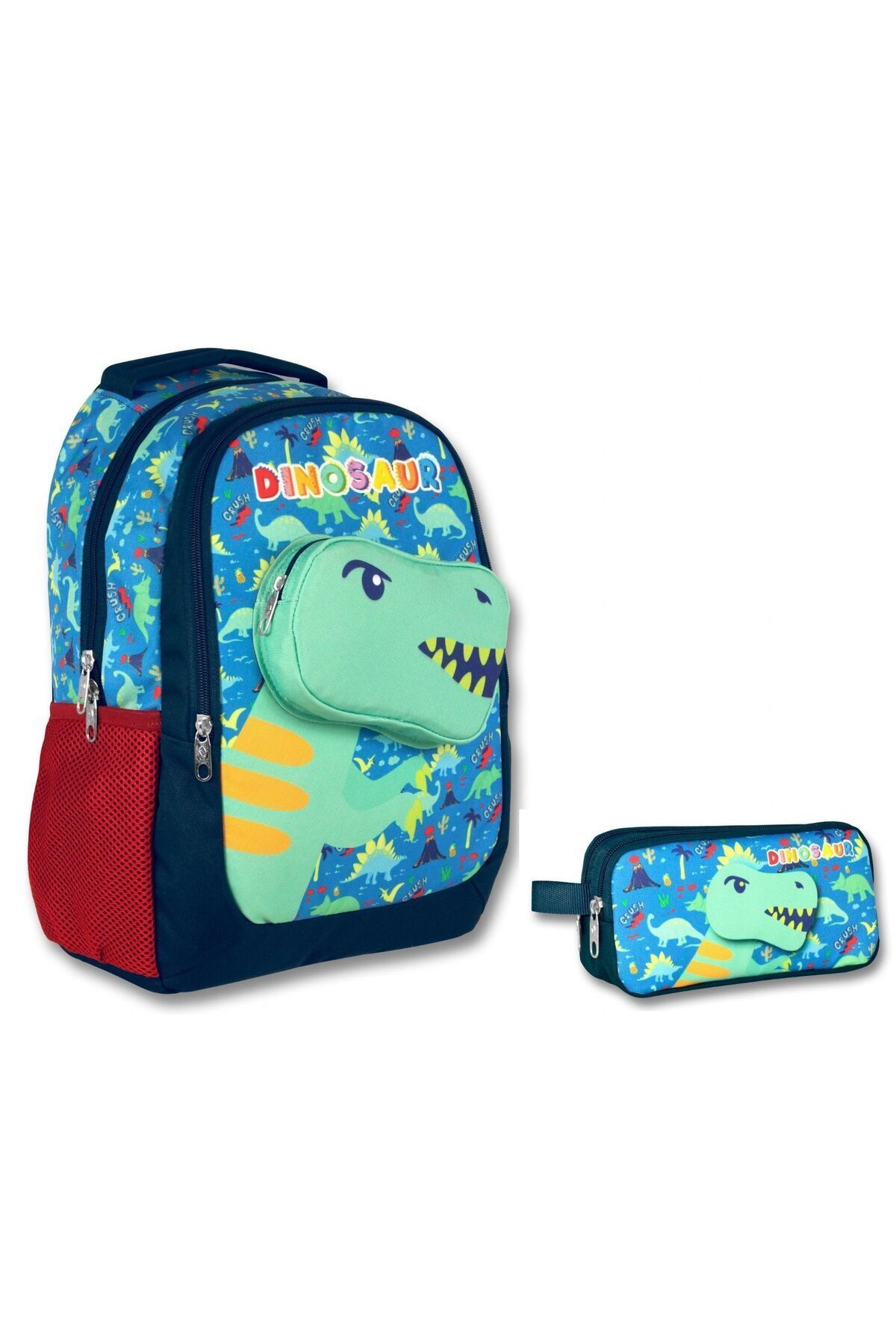 ÜMİT ÇANTA Set Geantă Și Suport Stilou Pentru Școală Primară Din Dinozaur Verde Pentru Băiat - Cennec Tridimensional Masculin - One Size