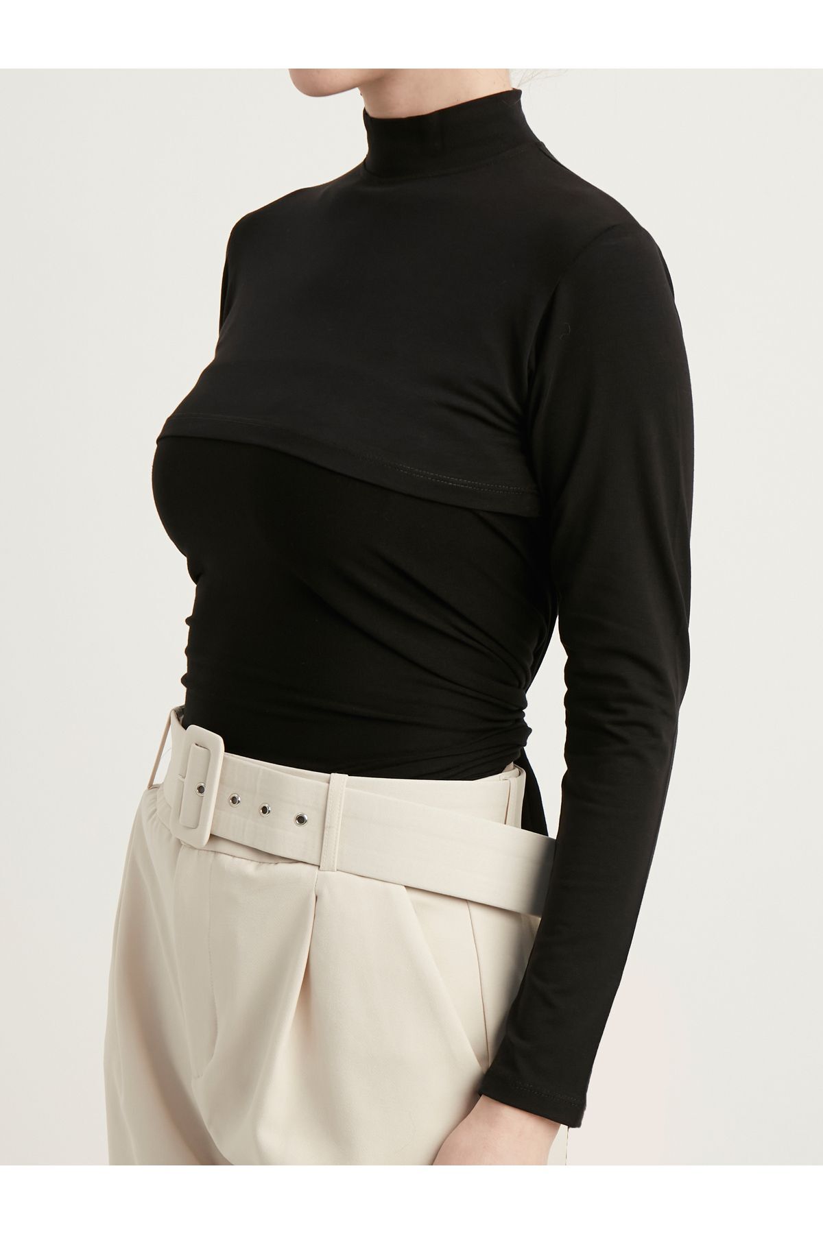 Long Sleeve Turtleneck  Cotton Half Body - Black