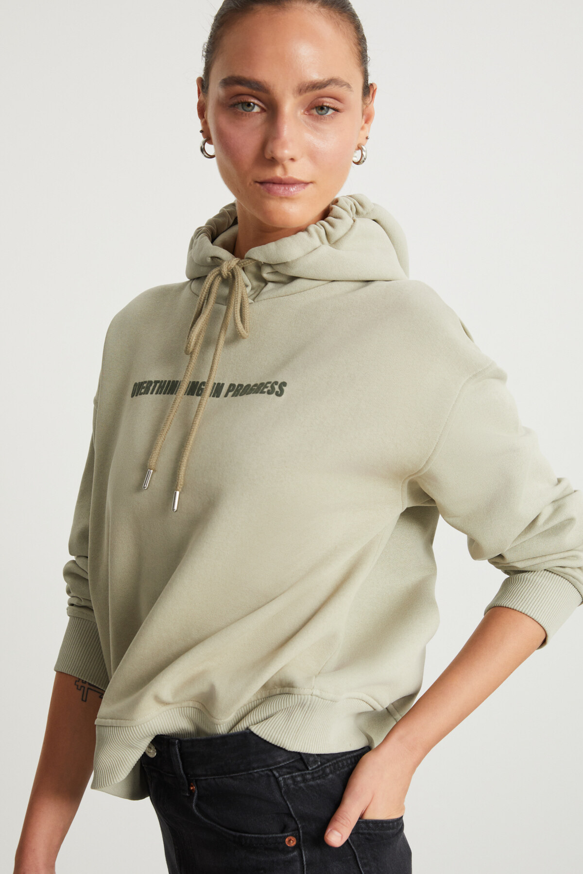 GRIMELANGE  IANE Kadın 3 İplik İçi Şardonlu Yazı Baskılı Kapüşonlu Yeşil Sweatshirt - Görsel 3