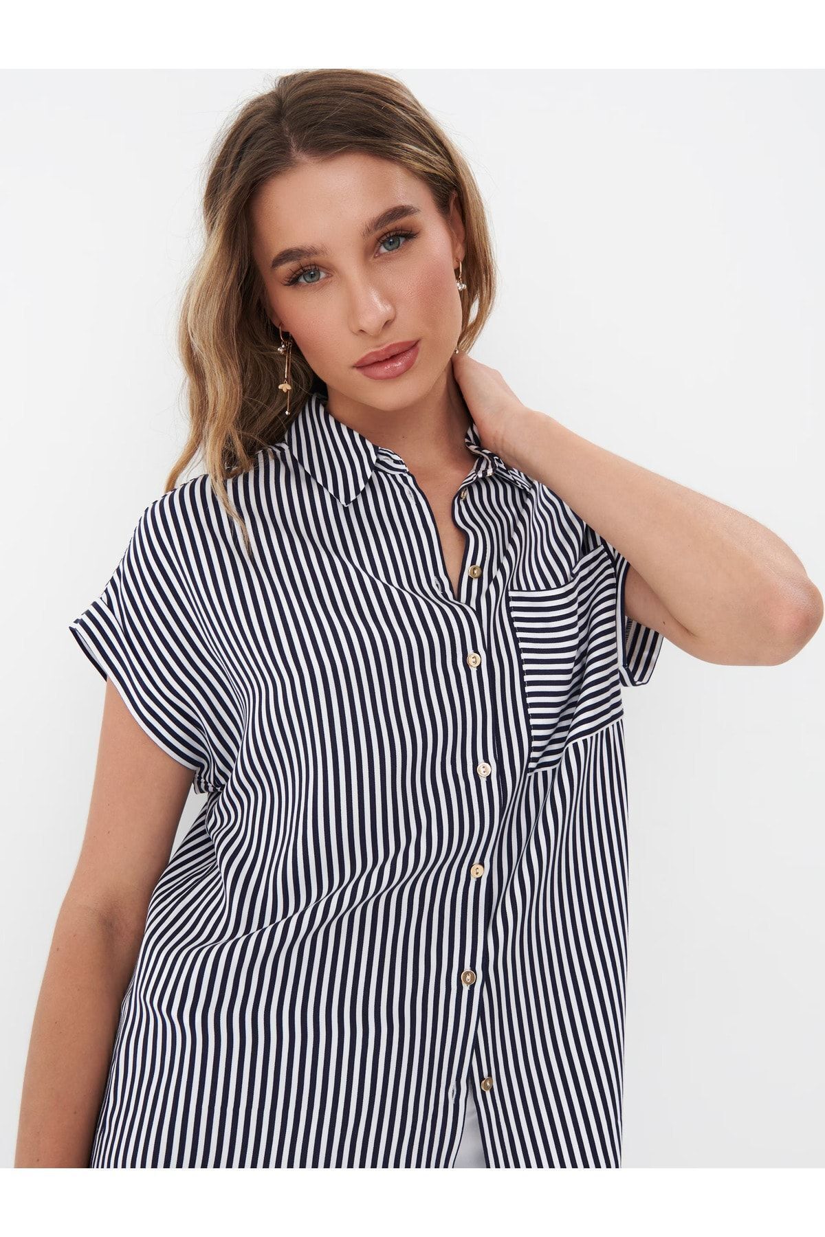 Fiore Viola-Women's Shirt - Front Button Closure, Pocket, Collar Short Bat Sleeve, Flexible Gabardine Fabric 2