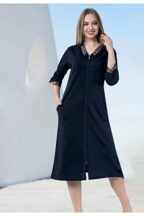 V Yaka Önü Fermuarlı Lacivert Renk Kadın Elbise 9019
