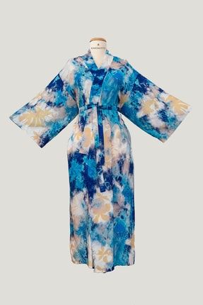 Kadın Mavi Desenli Kuşaklı Kimono/sabahlık 0020