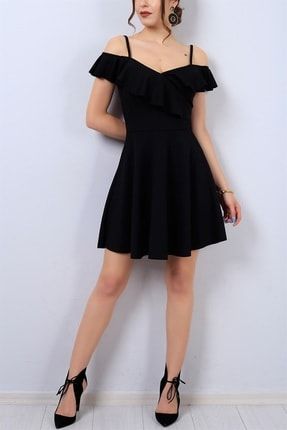 Yakası Volan Detaylı Ince Askılı Esnek Krep Kumaş Kiloş Siyah Mini Elbise Emr-077 MC-EMR-070