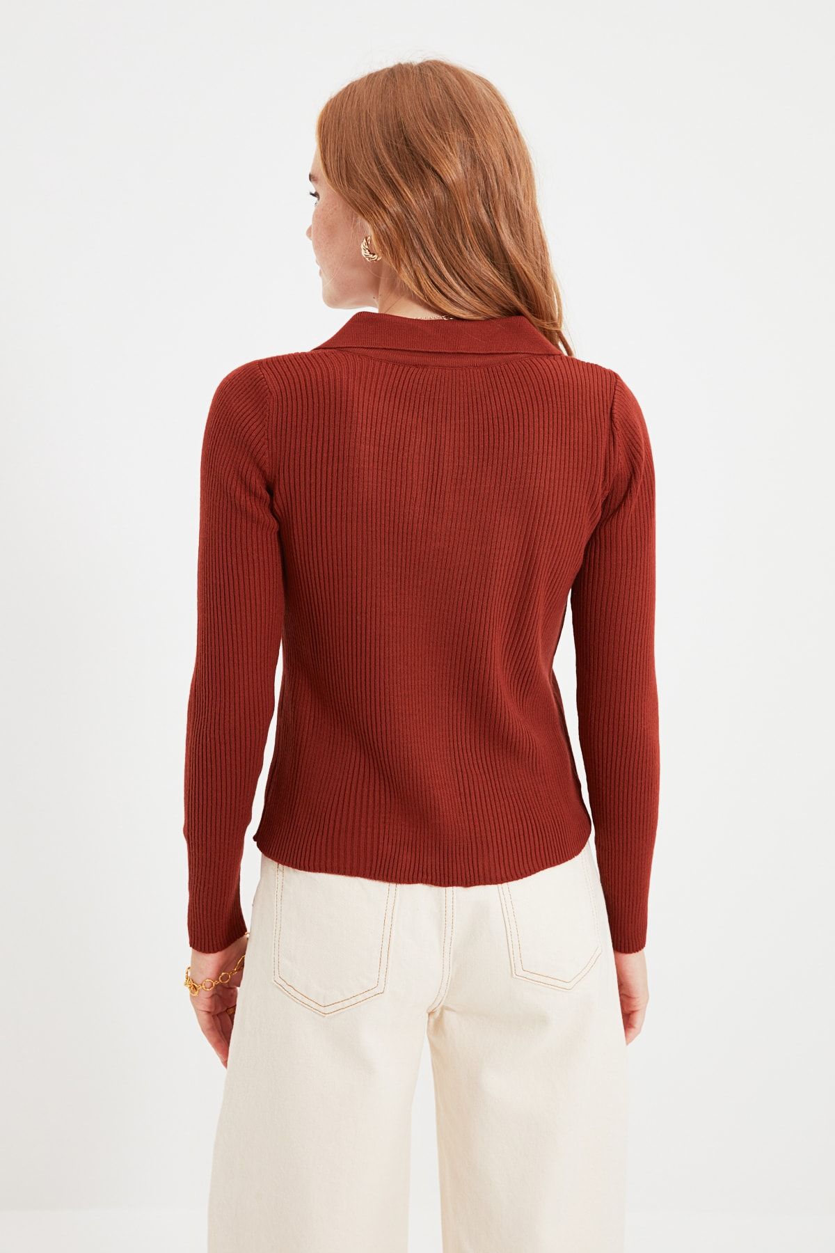 Trendyol Collection-Brązowy sweter z kołnierzykiem i dzianinowym wzorem 10