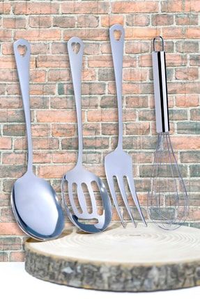 4 Parça Kalpli Metal Çelik Mutfak Servis Seti ( Kaşık, Çatal, Kevgir, Çırpıcı ) 191W14125