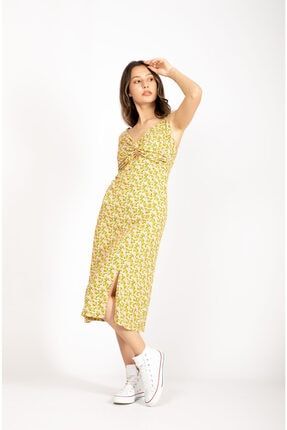 Askılı Çicekli Astarlı Elbise Sarı MRKJVA1019