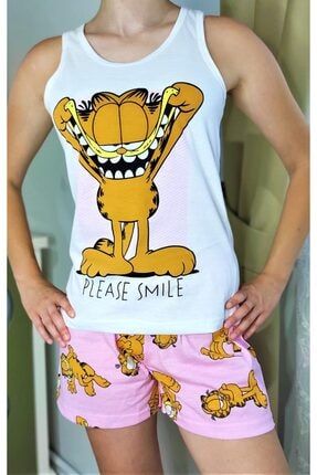 Kadın Garfield Baskılı Pembe-beyaz Sıfır Kol Şortlu Pijama Takımı Goon41 GOON41