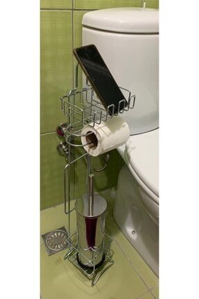 Metal Gri Ayaklı Tuvalet Kağıtlığı Kağıtlık Yedekli Tuvalet Wc Banyo Tuvalet + Wc Fırçalı Set RENKKK44