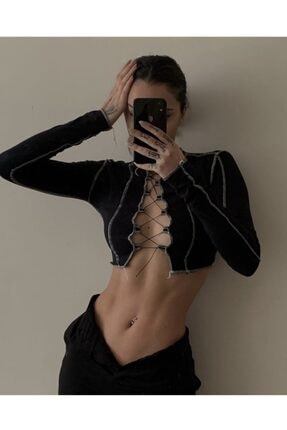 offcastle Kontrast Dikişli Dekolte Mini Uzun Kol Siyah Crop Top Büstiyer