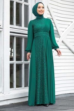 Tesettür Abiye Elbise - Pul Payetli Yeşil Tesettür Abiye Elbise 5408y ARM-5408