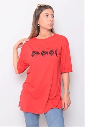 Kadın Kırmızı Moon Phases Baskılı Oversize T-shirt BASIC01