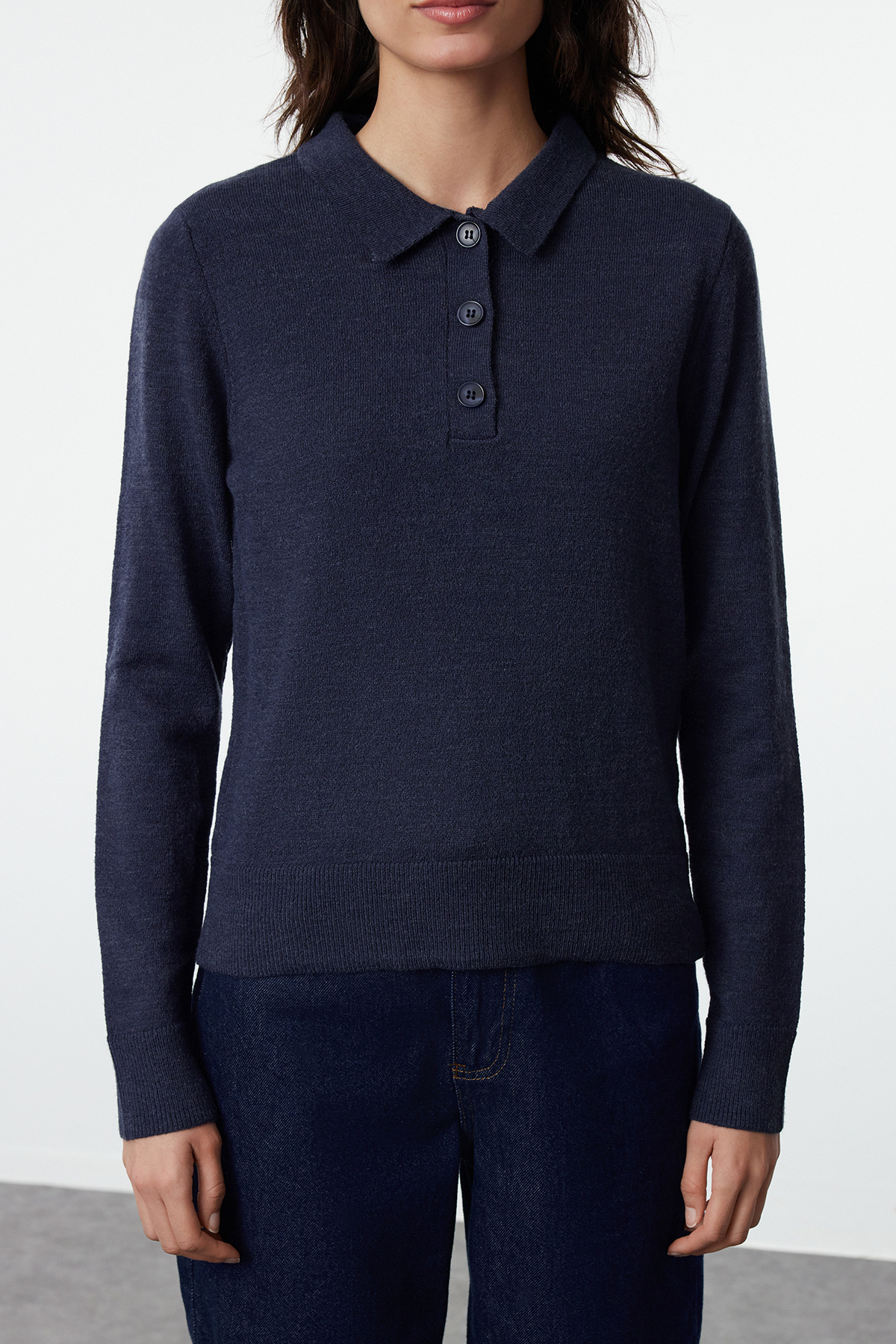 Trendyolmilla  Lacivert Yünlü Polo Yaka Triko Kazak TWOAW25KZ00025 - Görsel 4