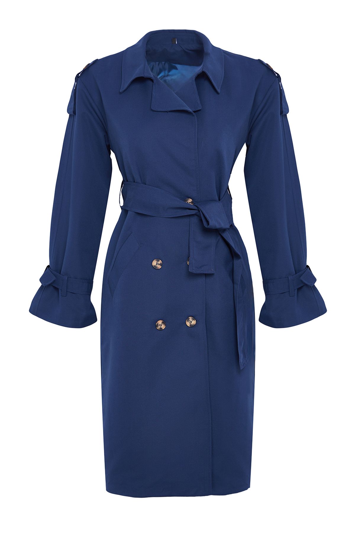 Trendyol Collection-Ciemnogranatowy oversize'owy trencz z paskiem Twoss21Tr0005 6