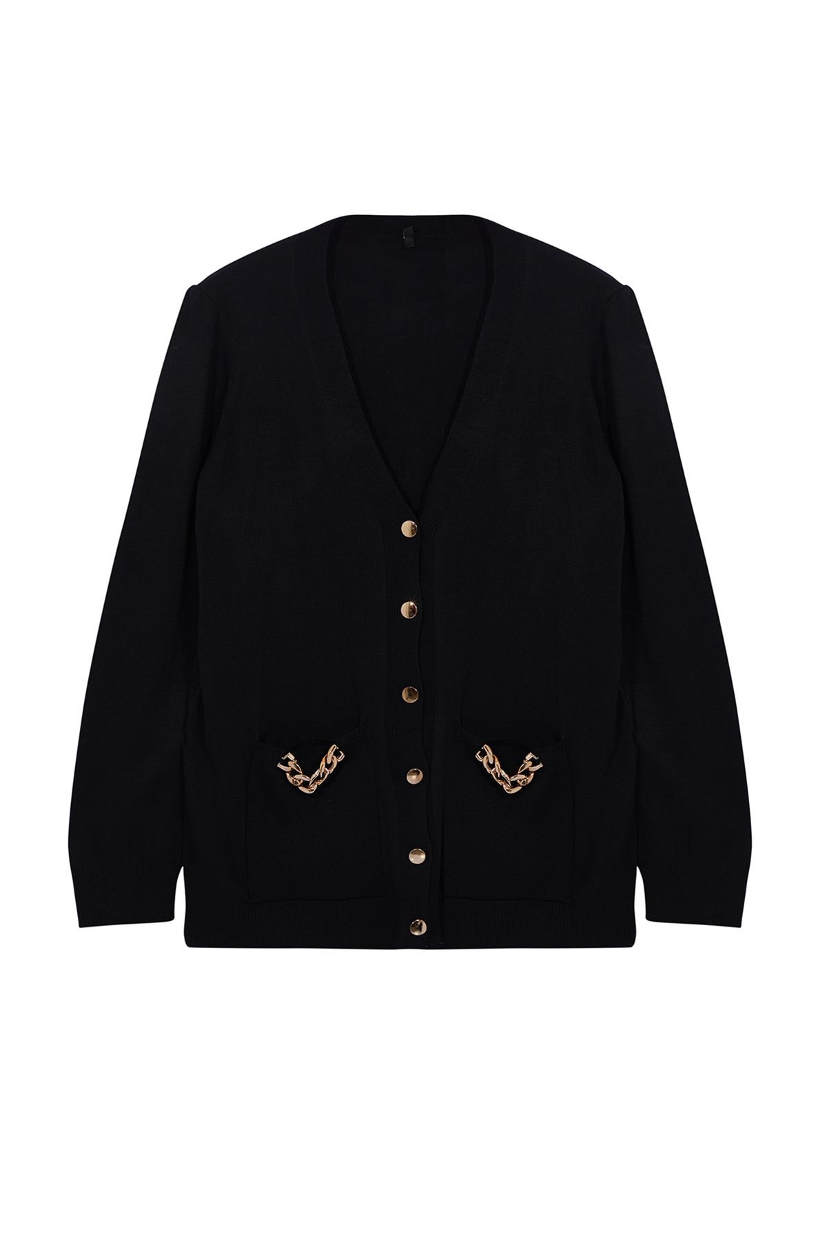 Trendyol Curve-Schwarzer Strickcardigan mit V-Ausschnitt und Taschen – Kettendetail TBBAW25AV00001 6