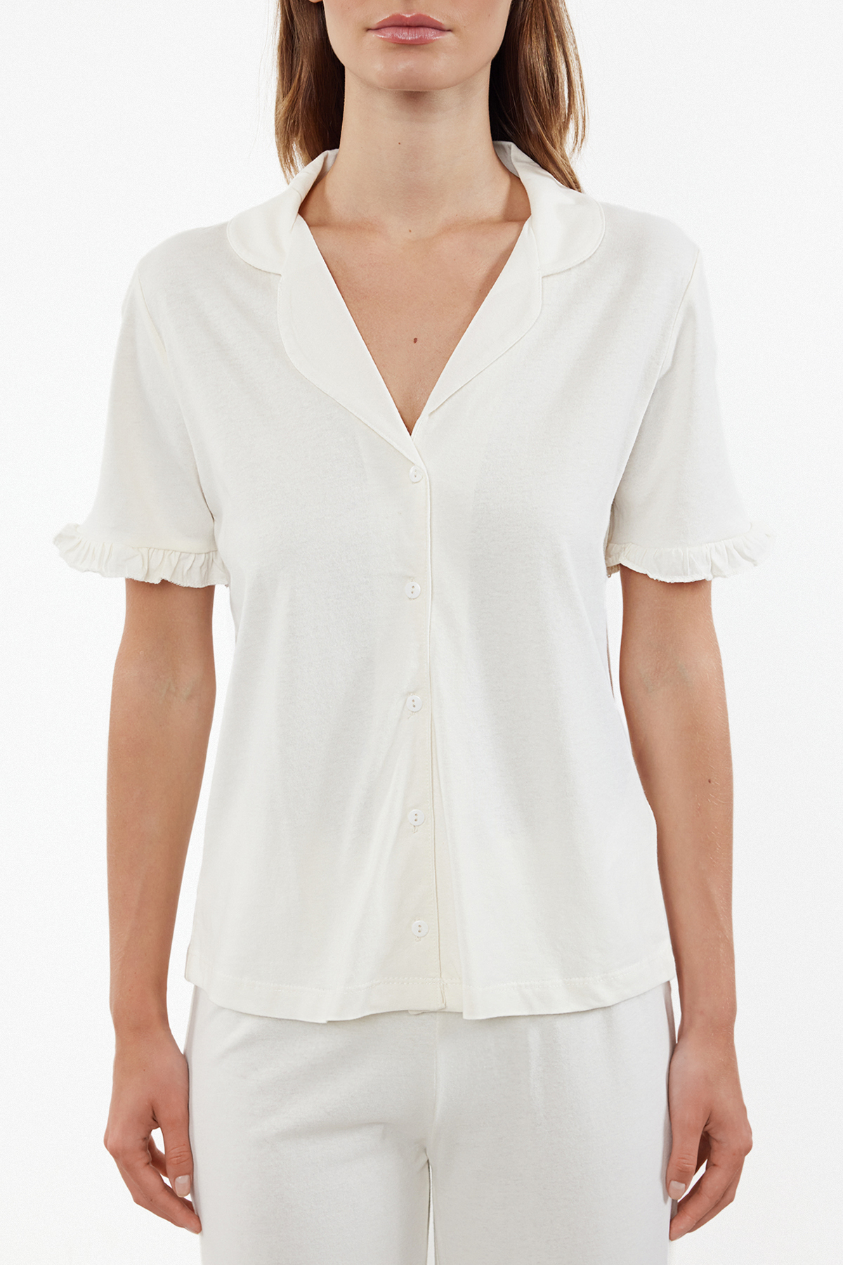 Trendyolmilla  Beyaz %100 Pamuklu Fırfır Detaylı Örme Pijama Takımı THMSS24PT00223 - Görsel 4