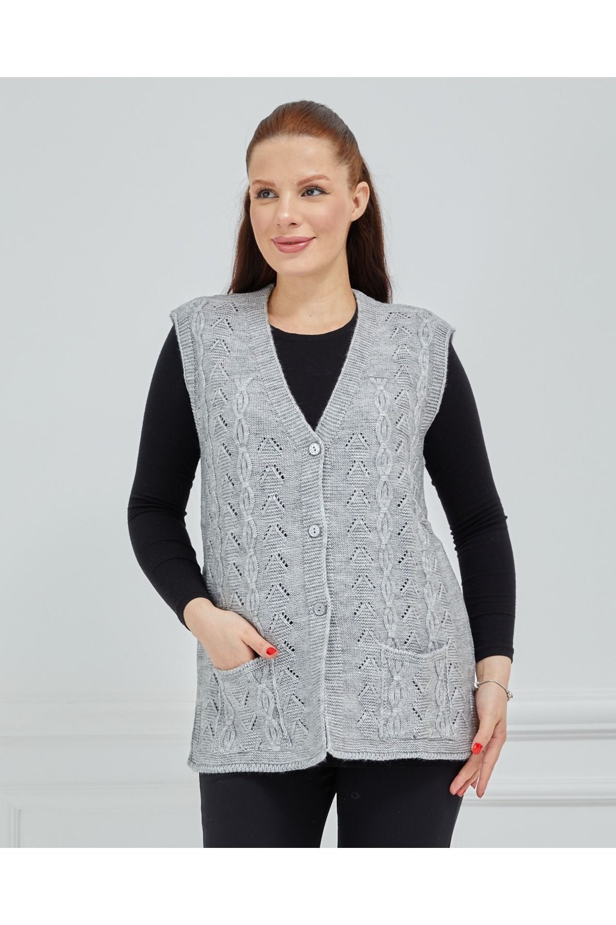 Stilmony Vestă De Tricotaj Pentru Mamă Din Lână, Cu Buzunare, Cu Lanț Gri, Cu Decolteu În V Femeie - 2XL