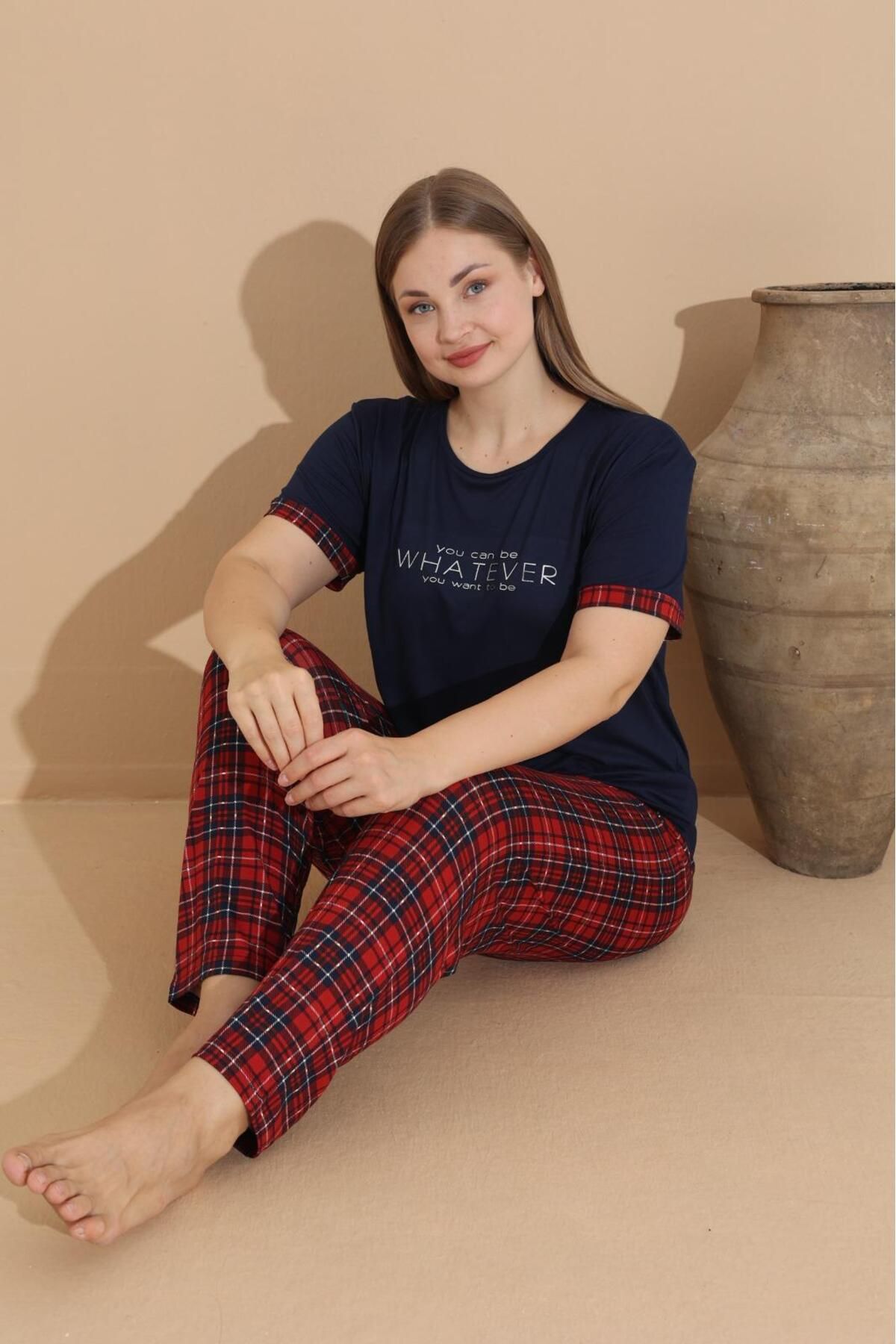 Temporium-Plus Size Curve Patterned Short Sleeve Milan Fabric Pajamas Set - 1st Quality Bamboo 1