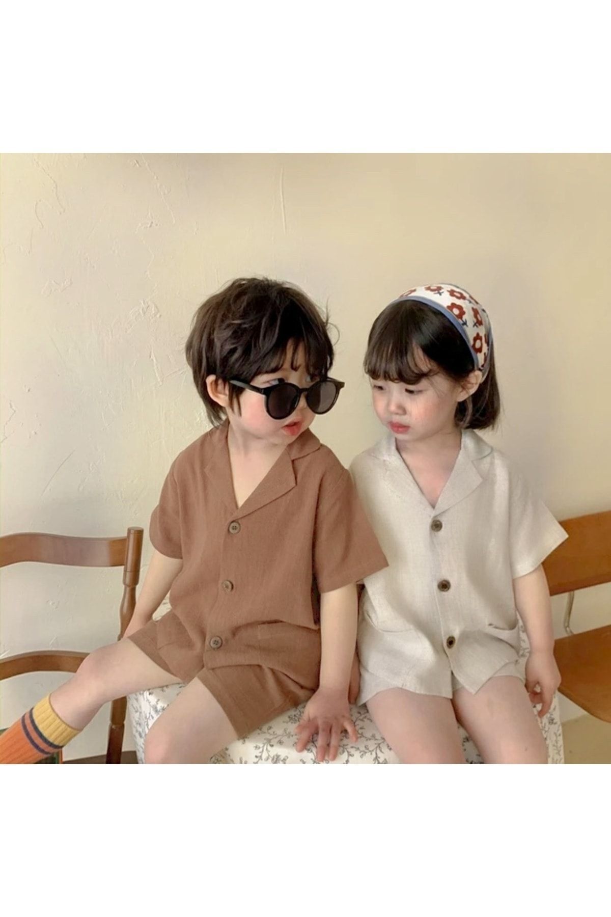 barin kids Erkek & Kız Çocuk Unisex Yazlık %100 Pamuk Keten Gömlek Şort Takım fotoğrafı 2 (önizleme)