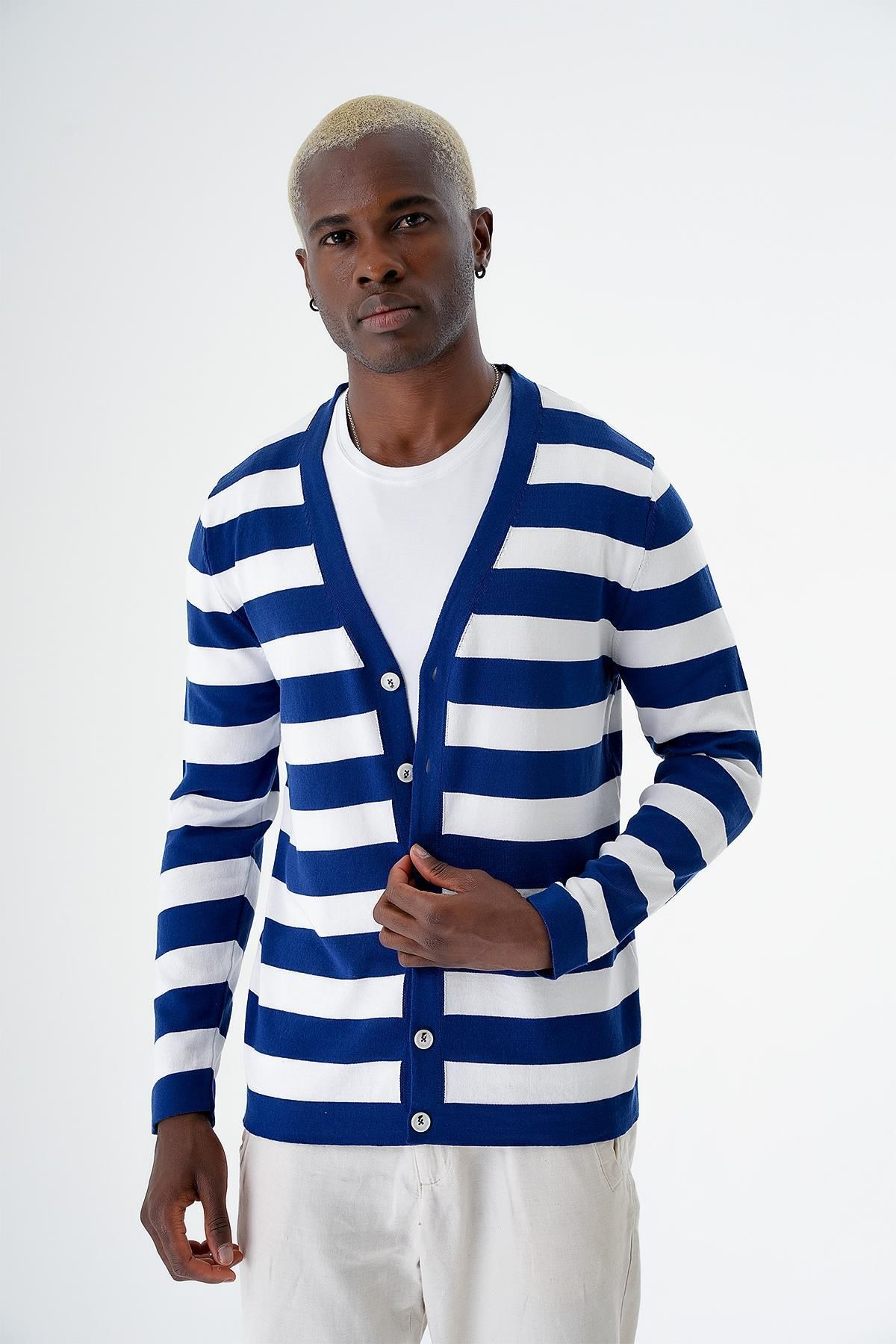 CHUBA-Cardigan pentru bărbați, cu nasturi, cu dungi standard, din bumbac, alb-marin 24s273 4